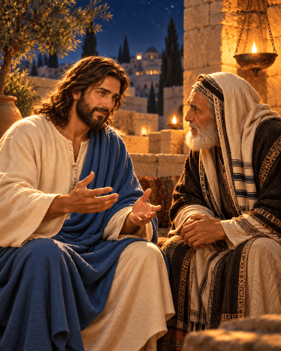A painting of Nicodemus coming to talk with Jesus at night