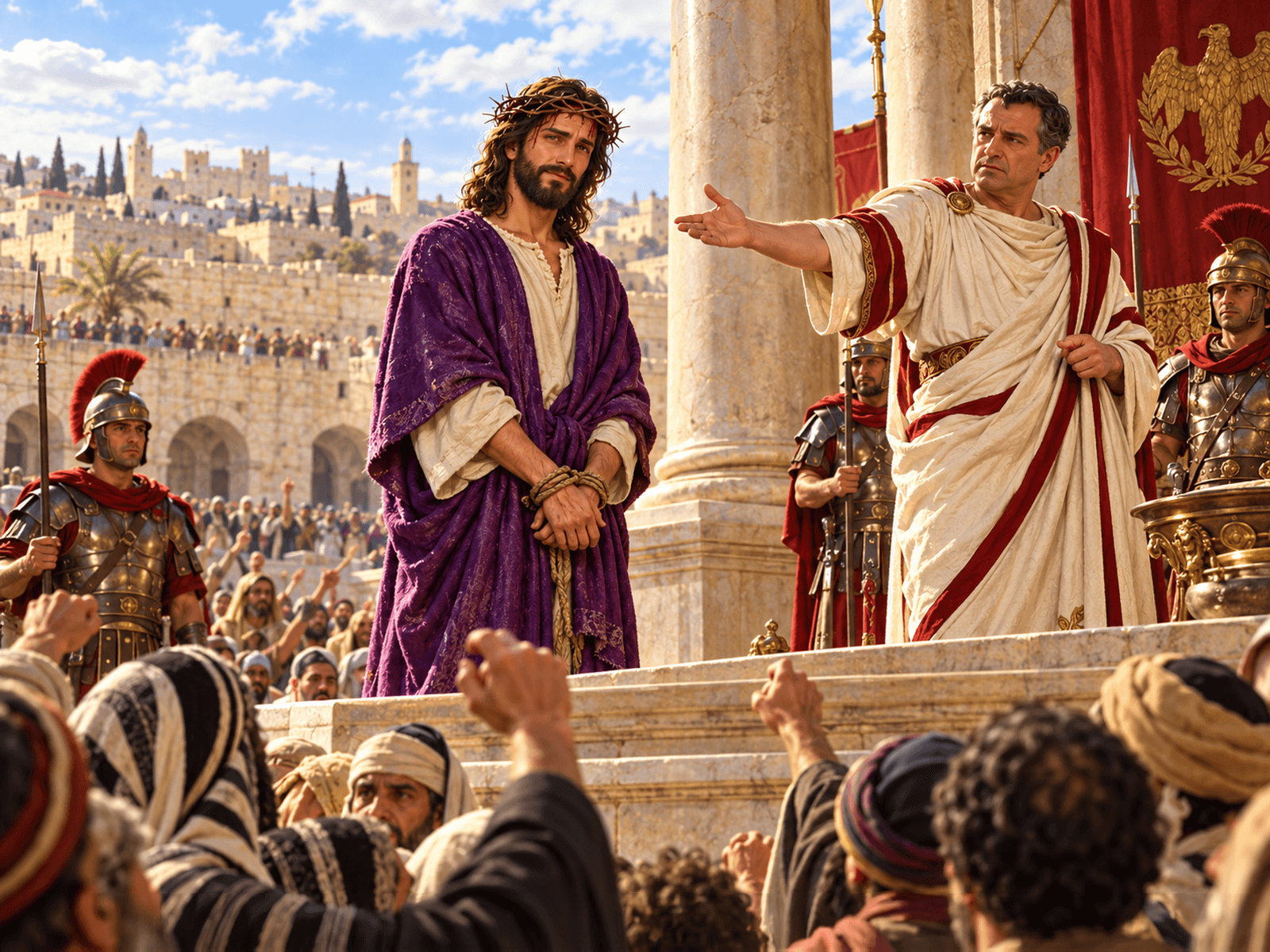 A painting of Jesus on trial before Pilate
