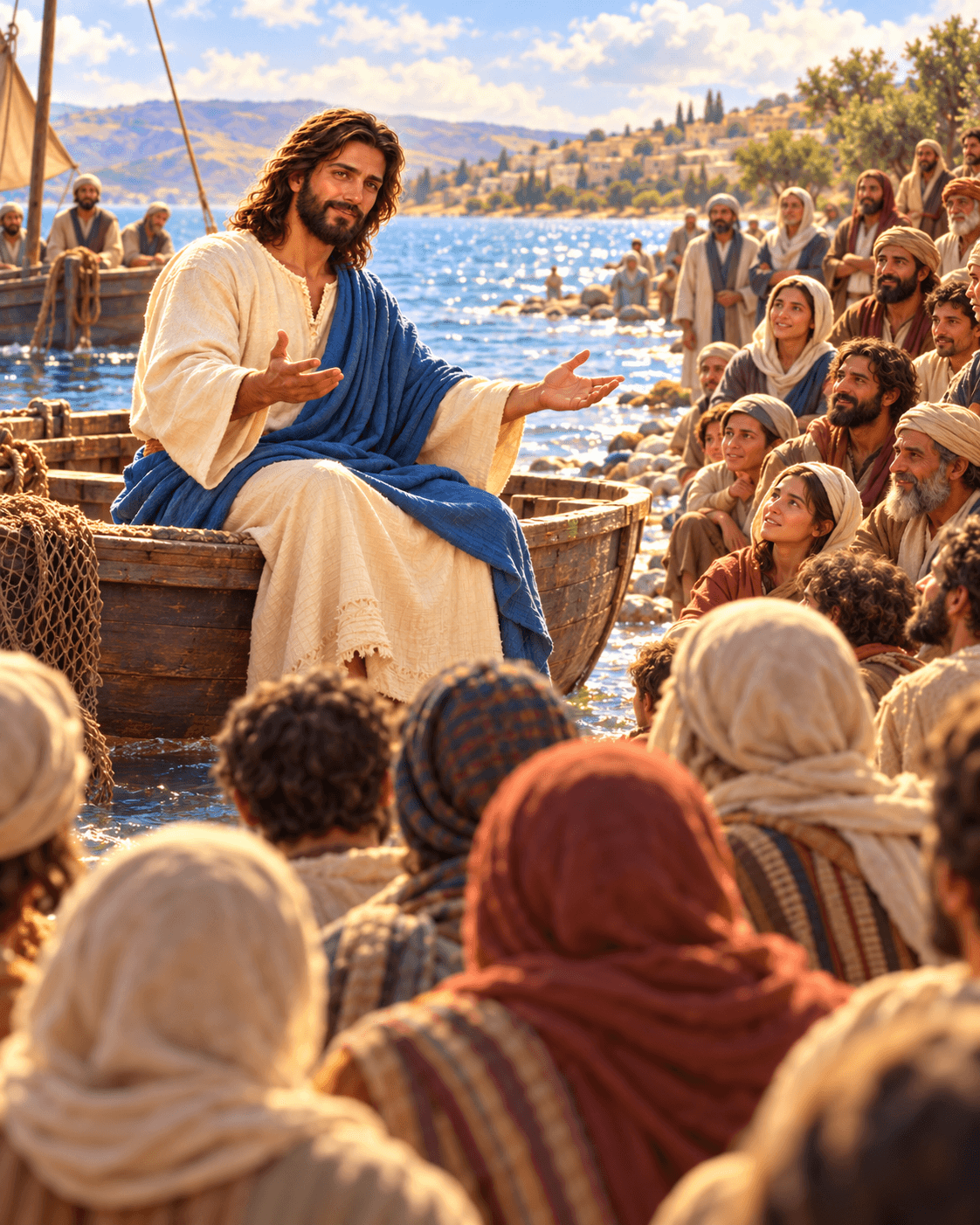 A painting of Jesus teaching the crowds in parables by the Sea of Galilee