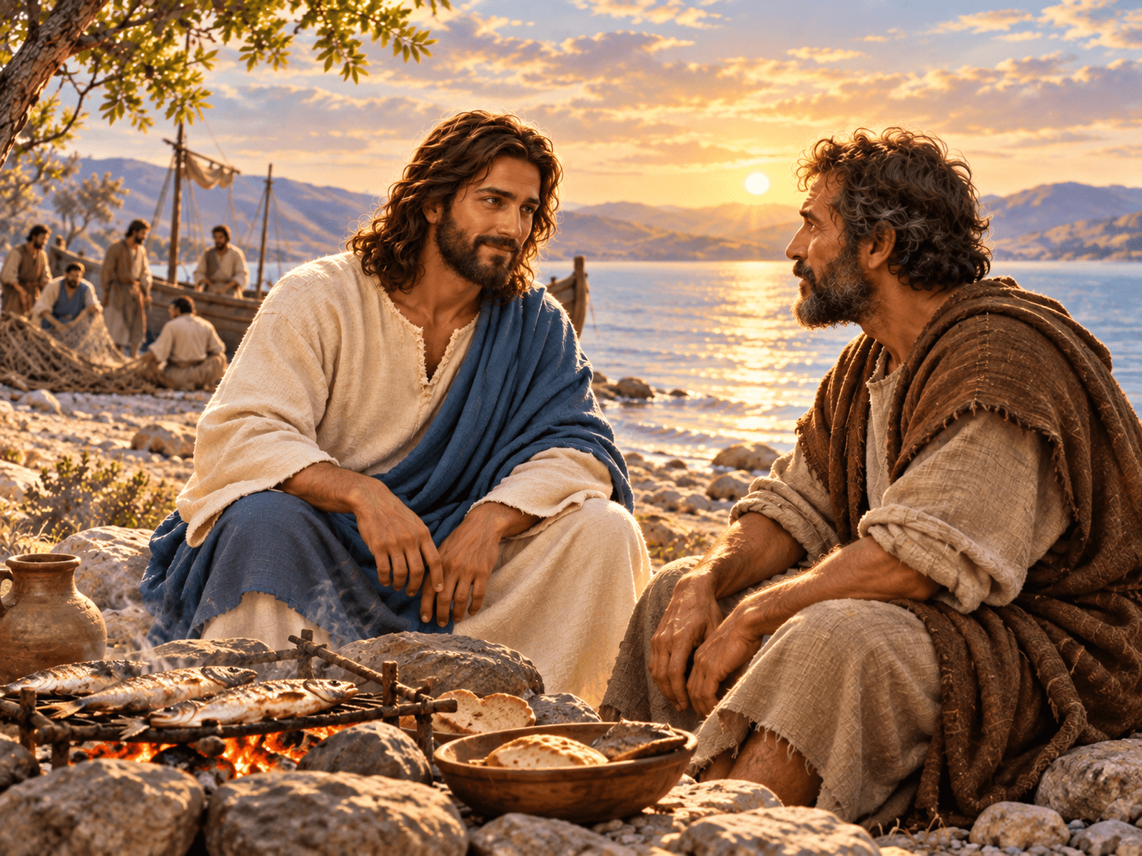 A painting of the risen Jesus talking with Peter by the sea