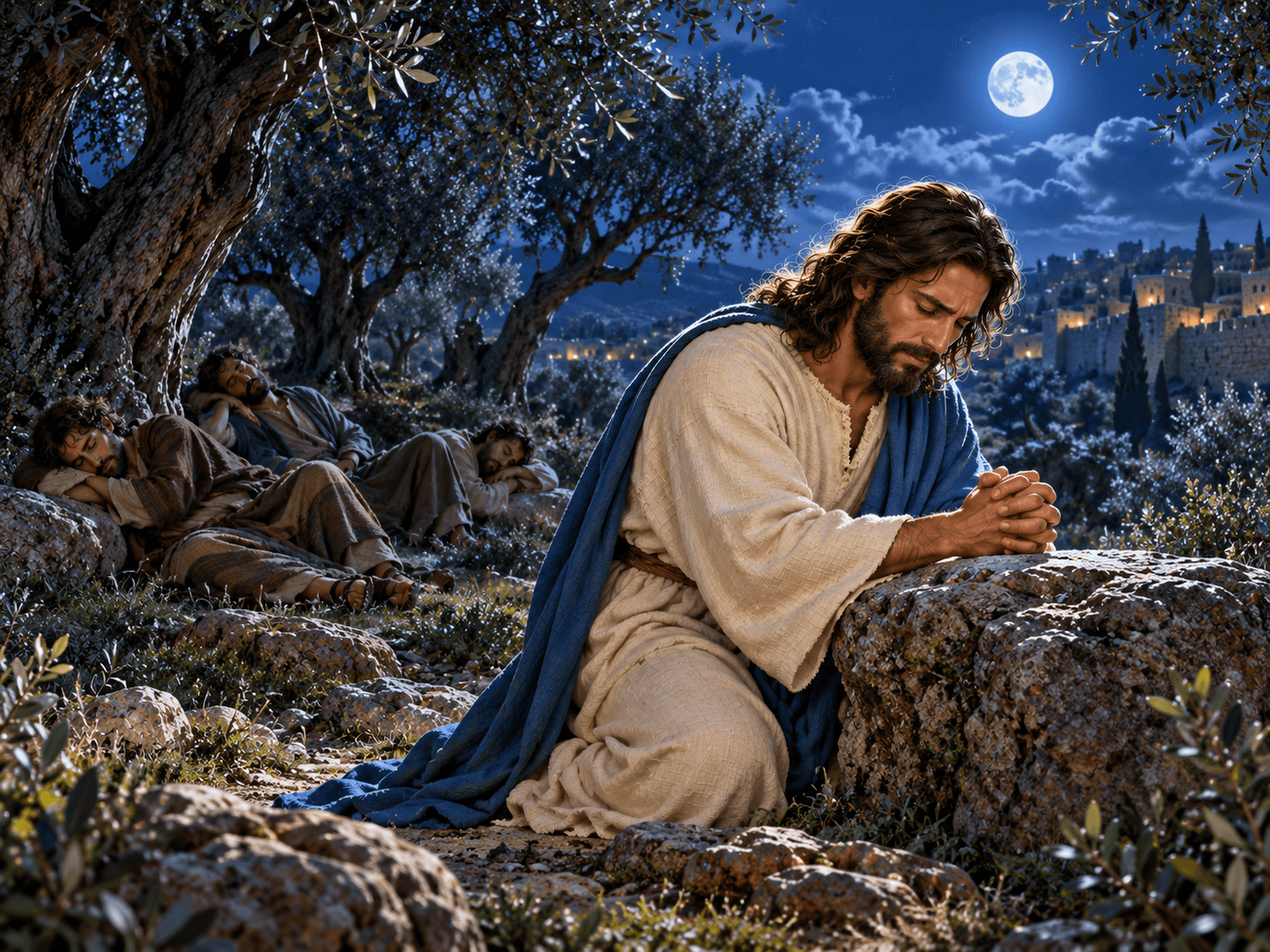 A painting of Jesus praying at Gethsemane