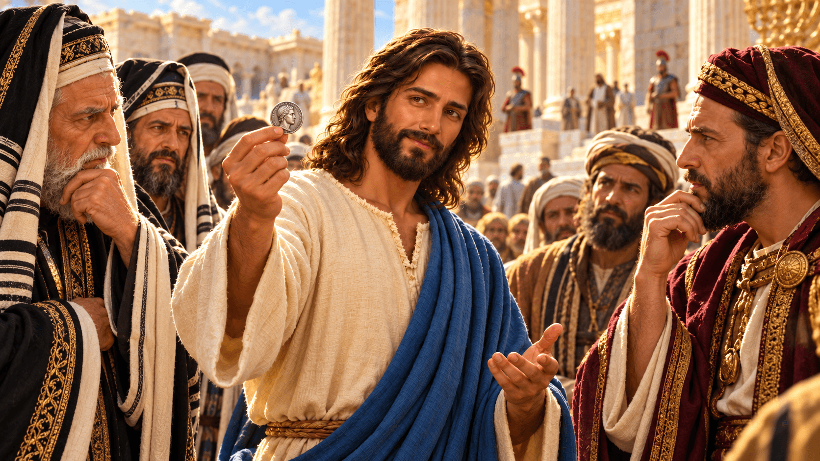 A painting of Jesus answering questions in the temple courts