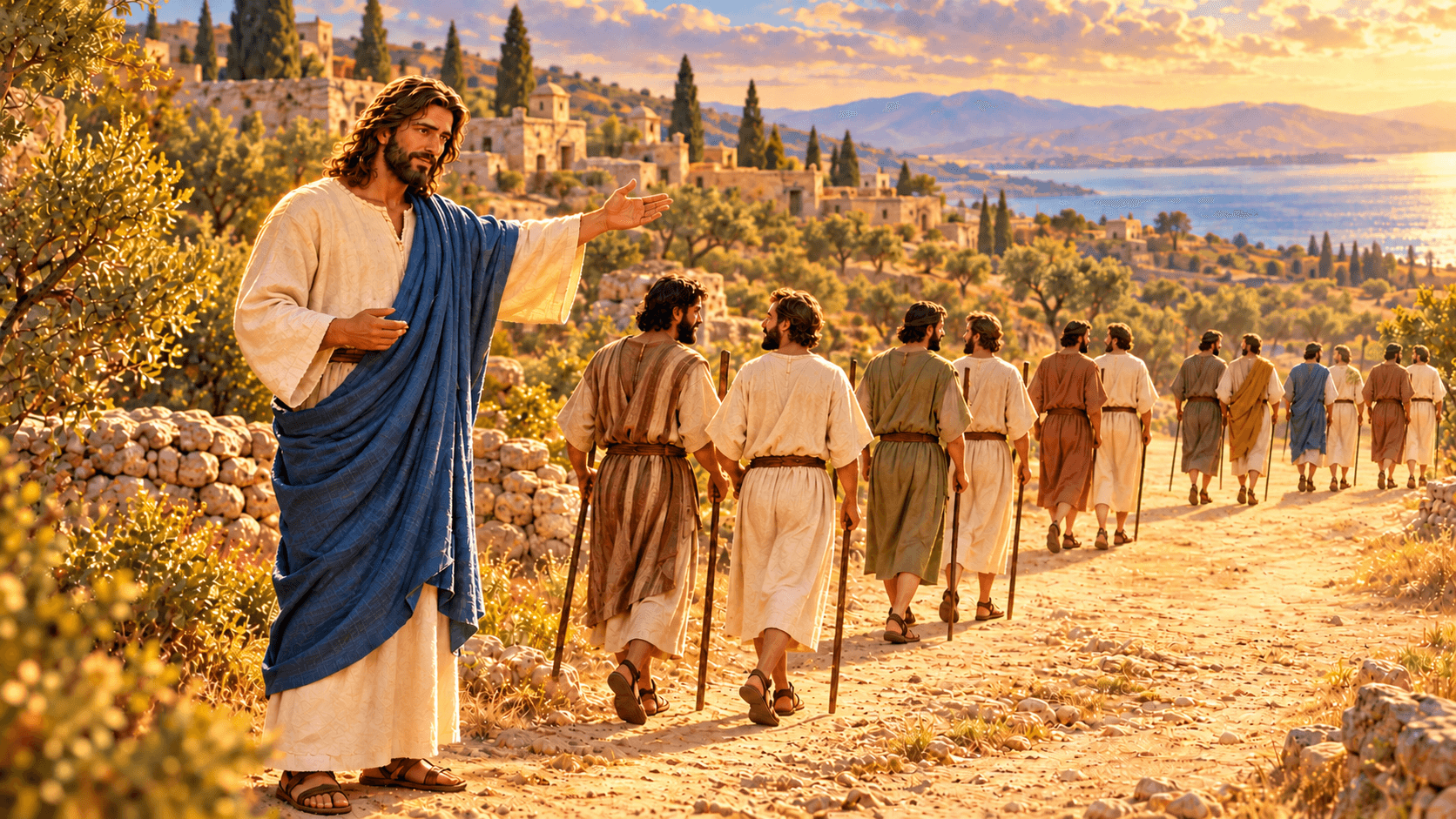 A painting of Jesus sending out the twelve apostles