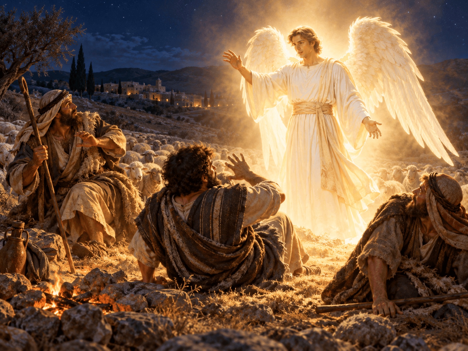 A painting of the shepherds who heard the news of Jesus' birth