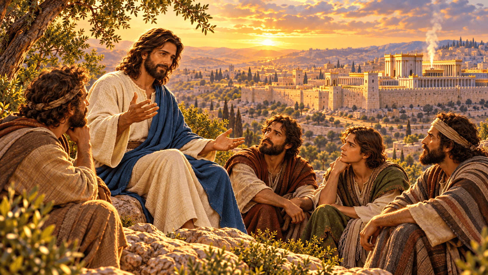 A painting of Jesus teaching his disciples on the Mount of Olives