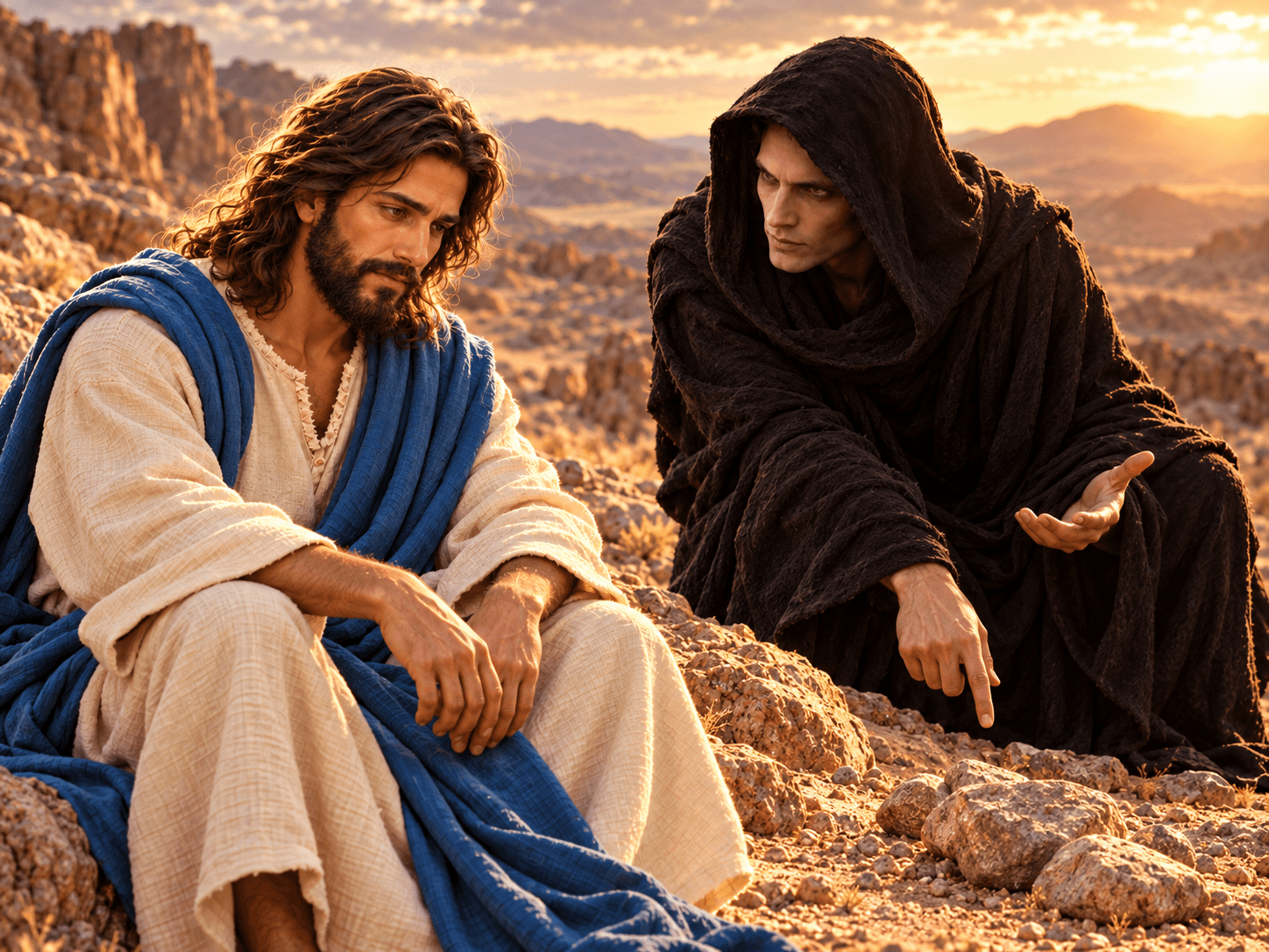A painting of Jesus sitting in the desert wilderness while the devil, in a dark hooded cloak, points to stones on the ground, tempting him to turn them into bread