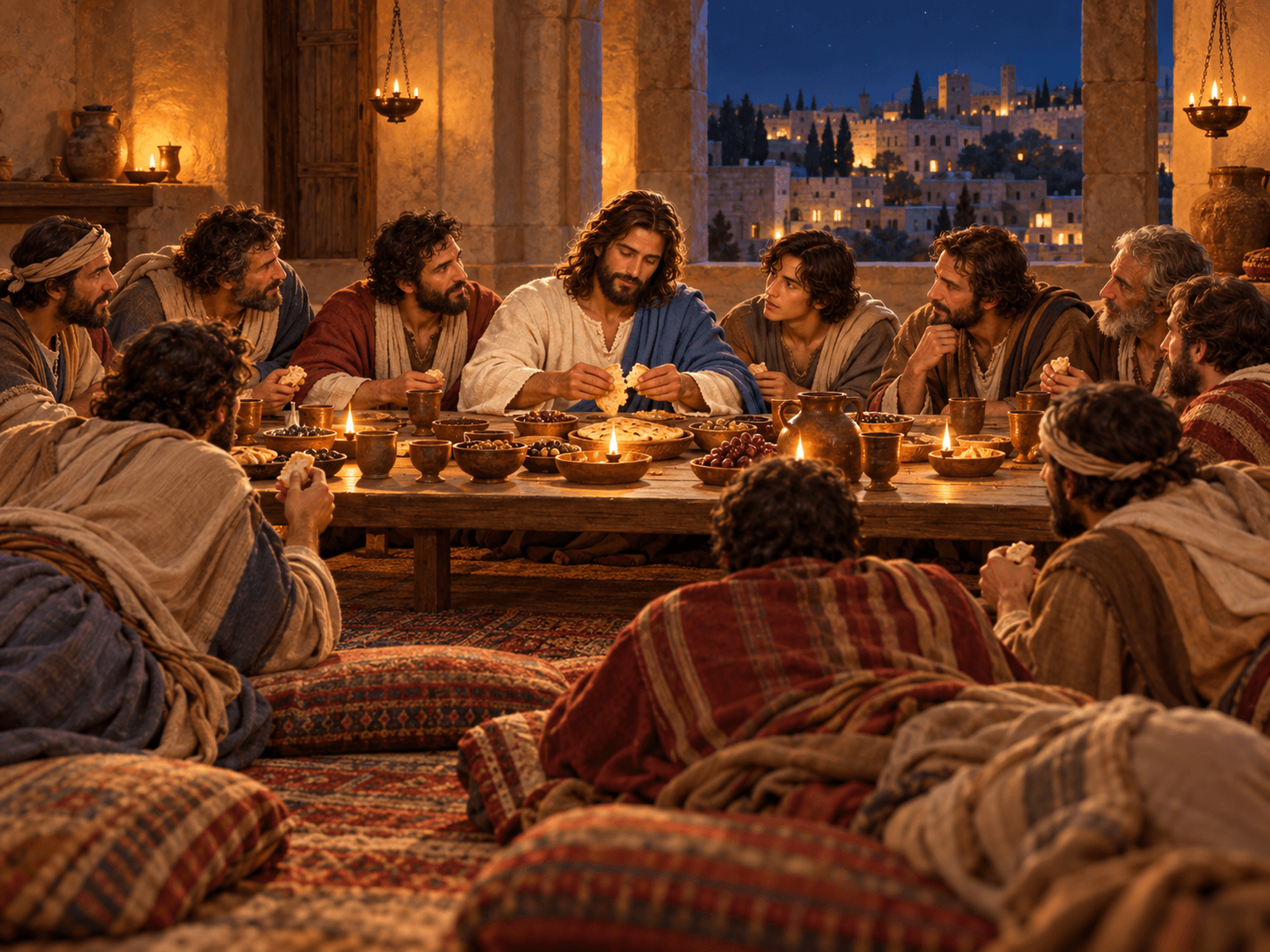 A painting of Jesus sharing the Last Supper with his disciples