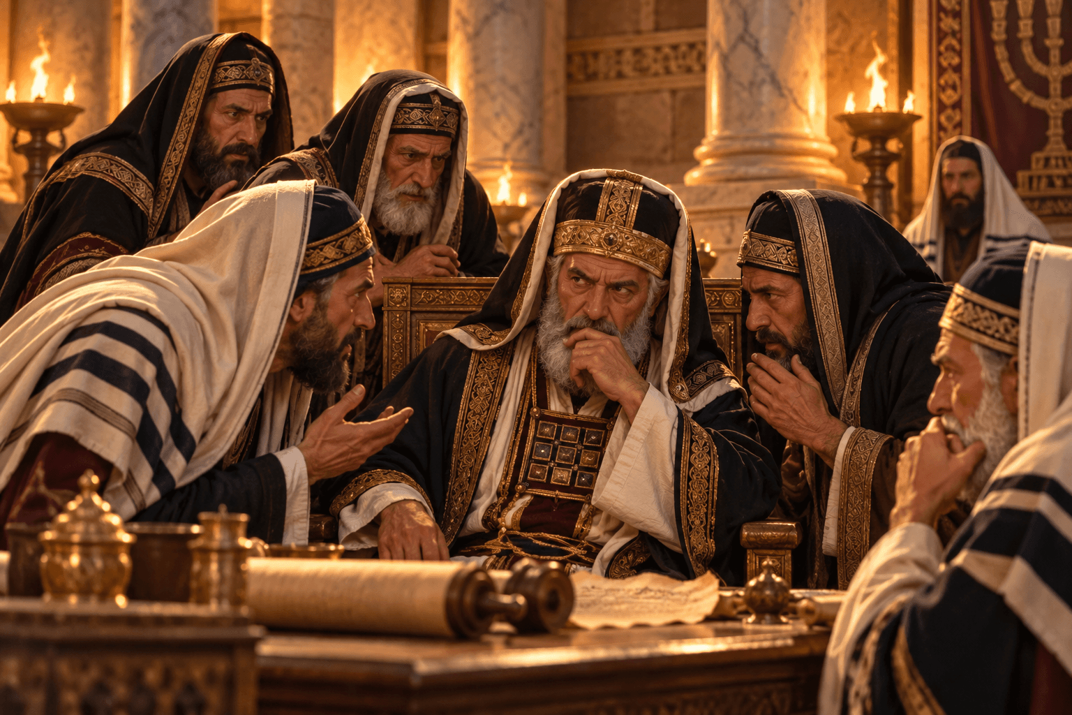A painting of the chief priests and Pharisees plotting to kill Jesus