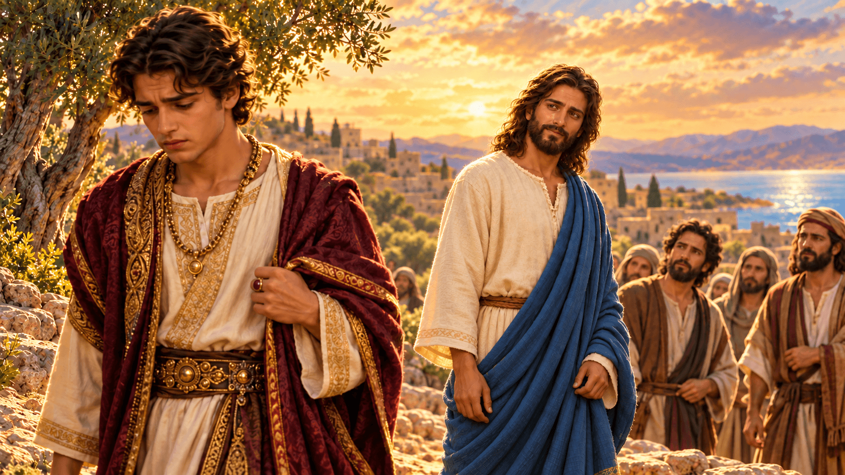 A painting of Jesus talking with the rich young ruler