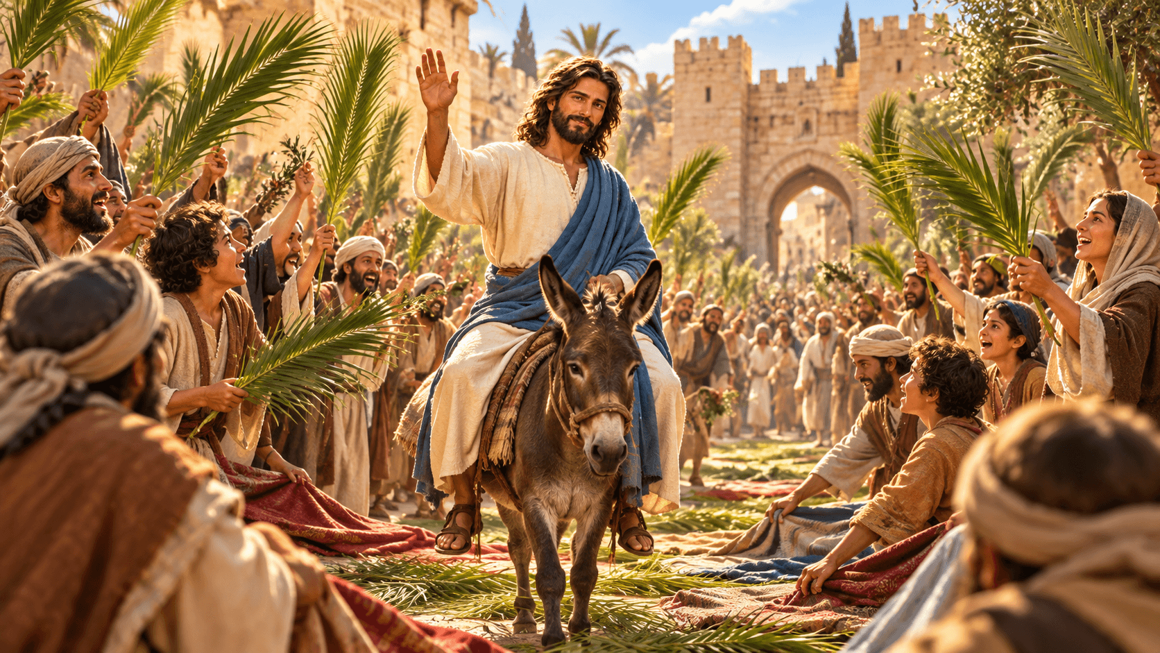 A painting of Jesus riding into Jerusalem