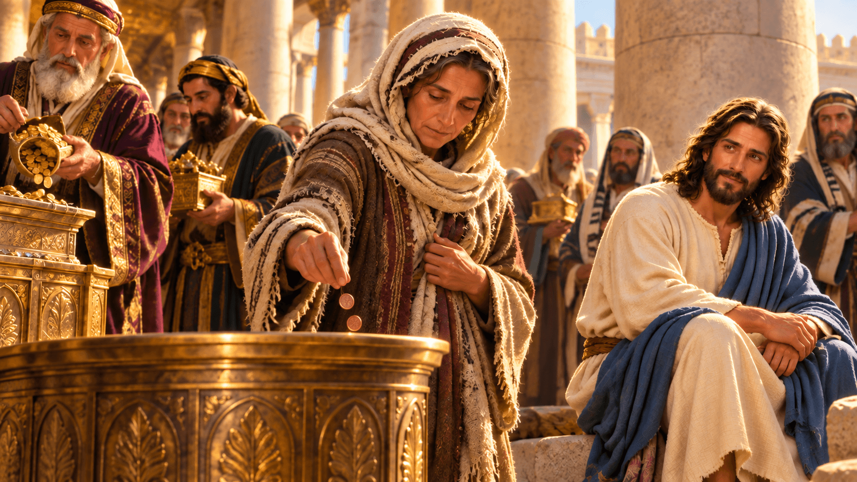 A painting of a poor widow giving her offering at the temple
