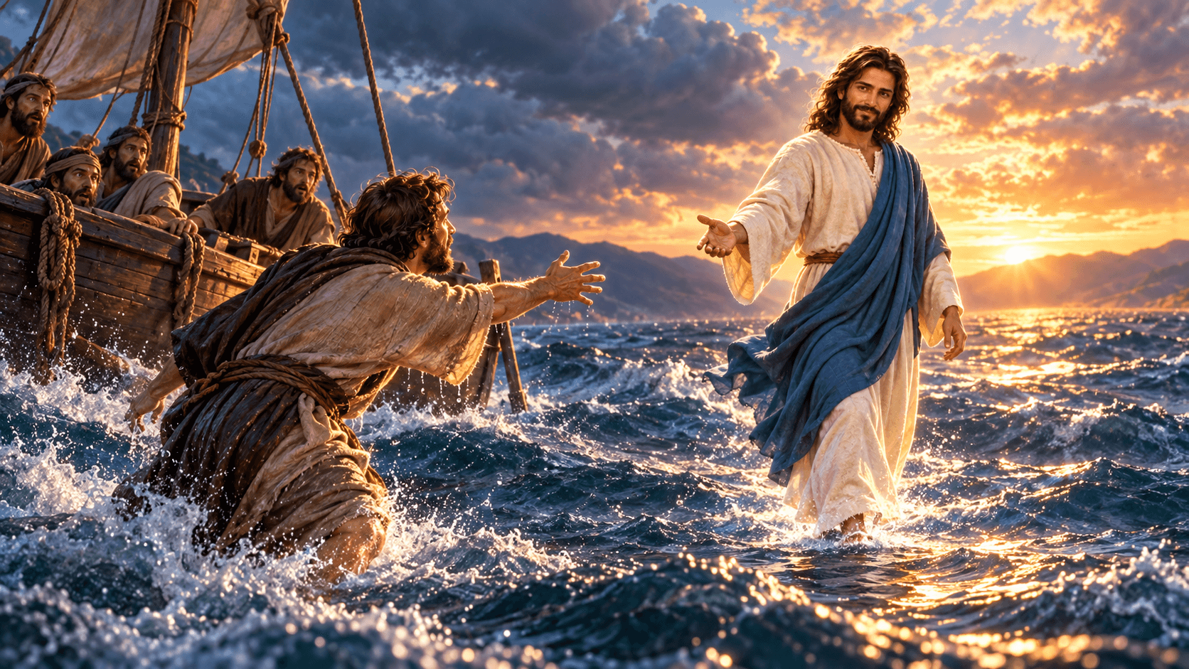 A painting of Jesus walking on the water