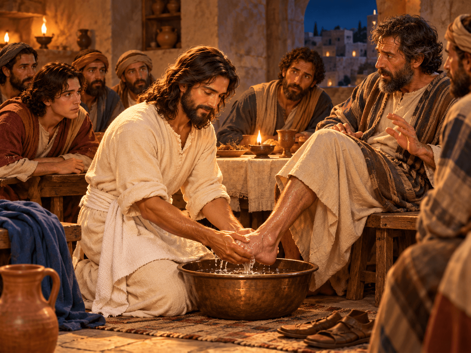 A painting of Jesus washing his disciples' feet