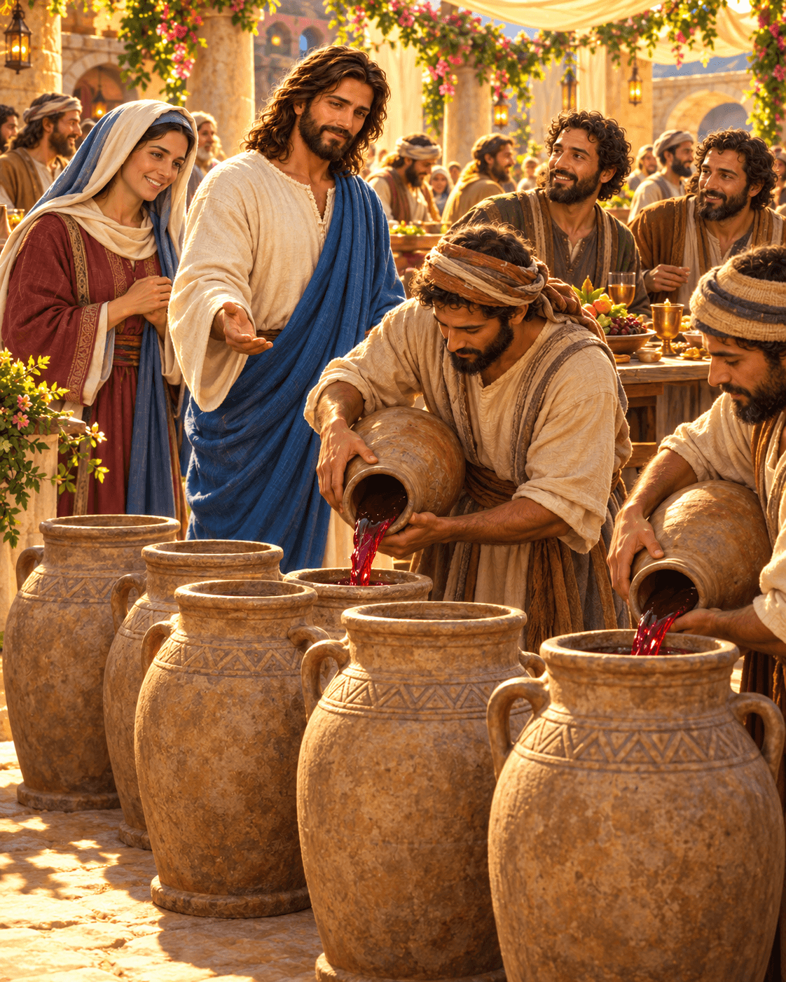 A painting of Jesus turning water into wine at a wedding in Cana