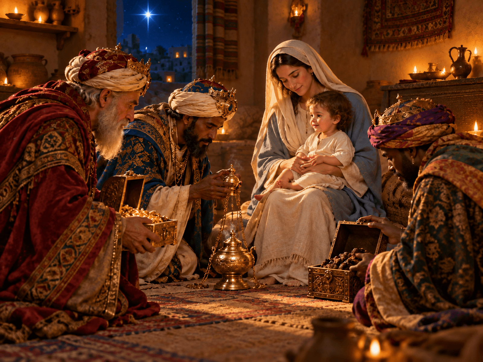 A painting of the wise men worshiping the child Jesus