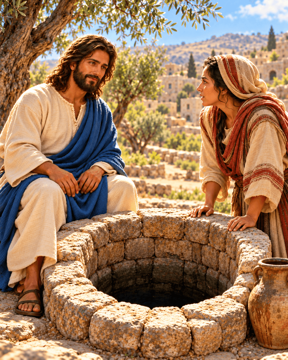 A painting of Jesus talking with a Samaritan woman at a well