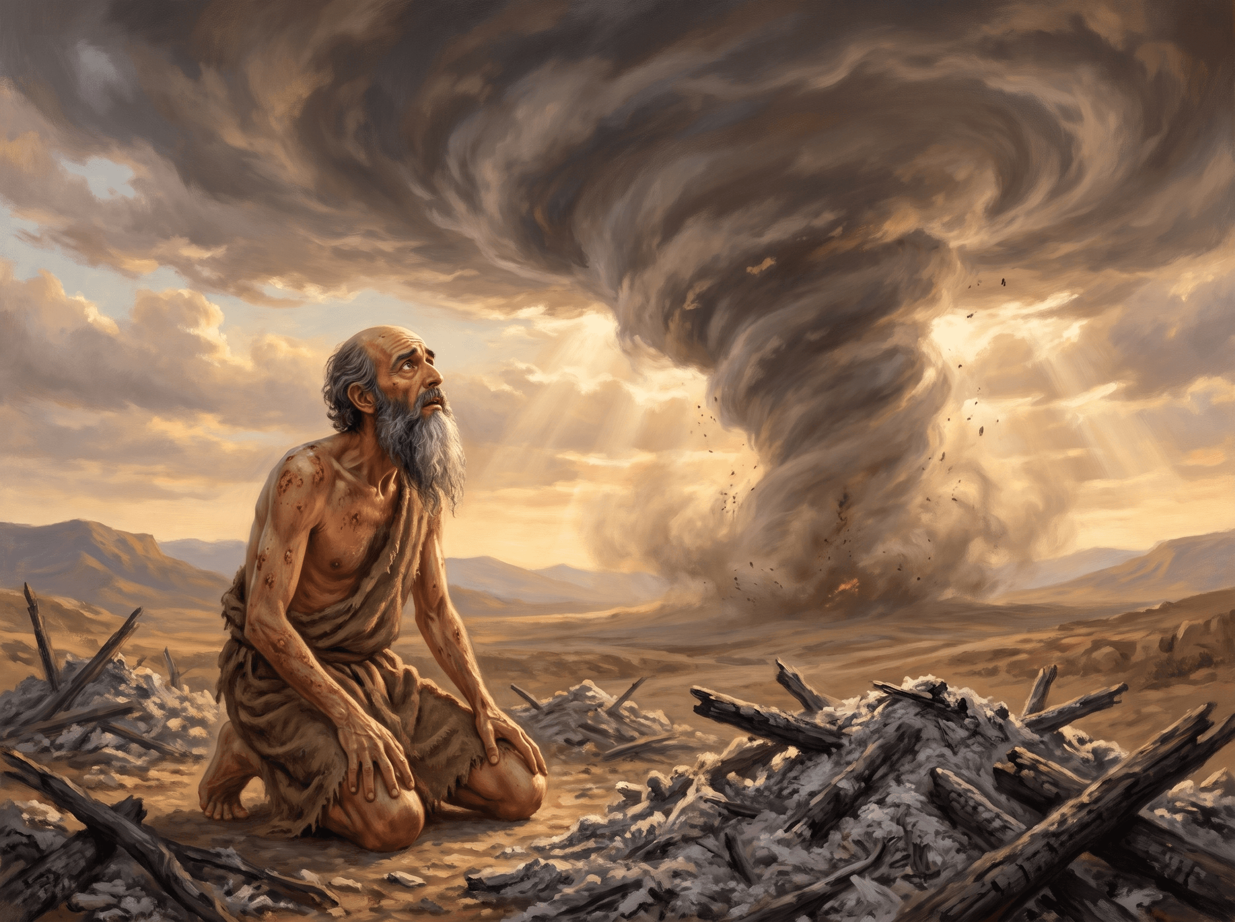 A painting of Job, covered in sores, kneeling among the ashes and looking up at a great whirlwind in the sky