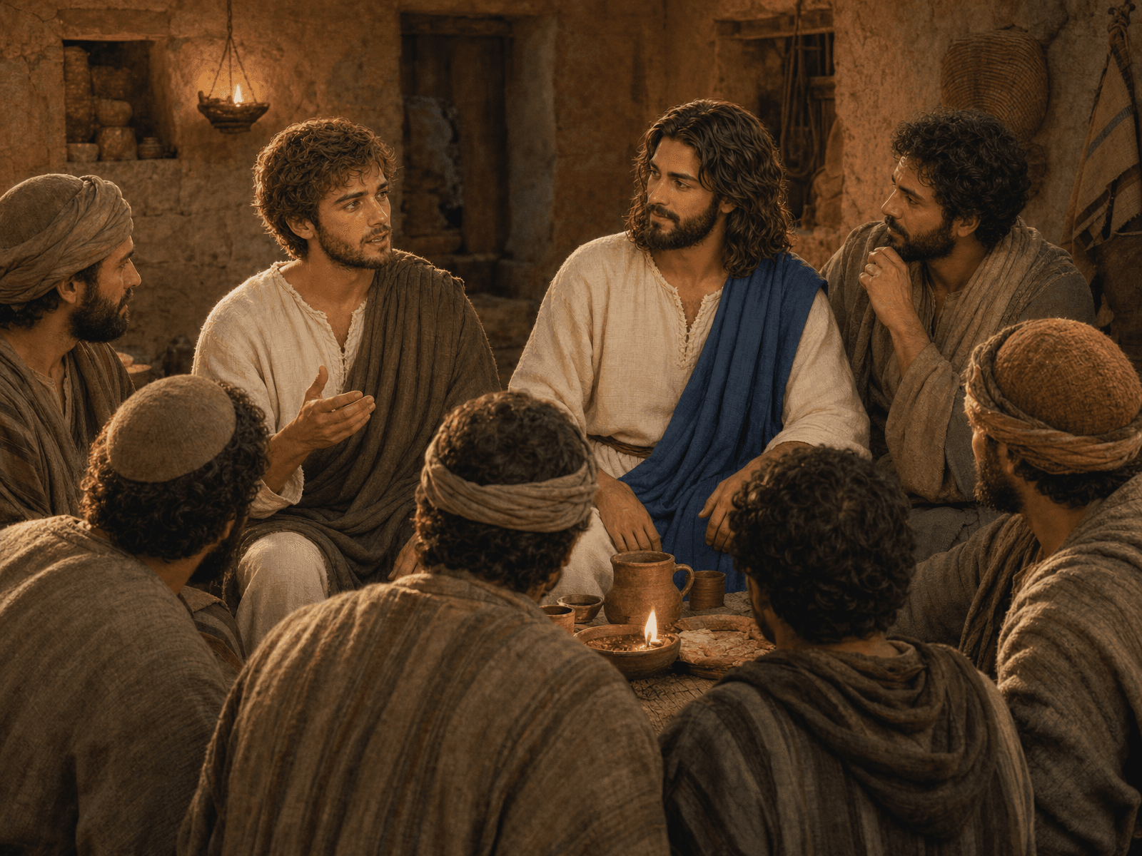 A painting of John speaking to Jesus as the disciples sit together around a lamp-lit table