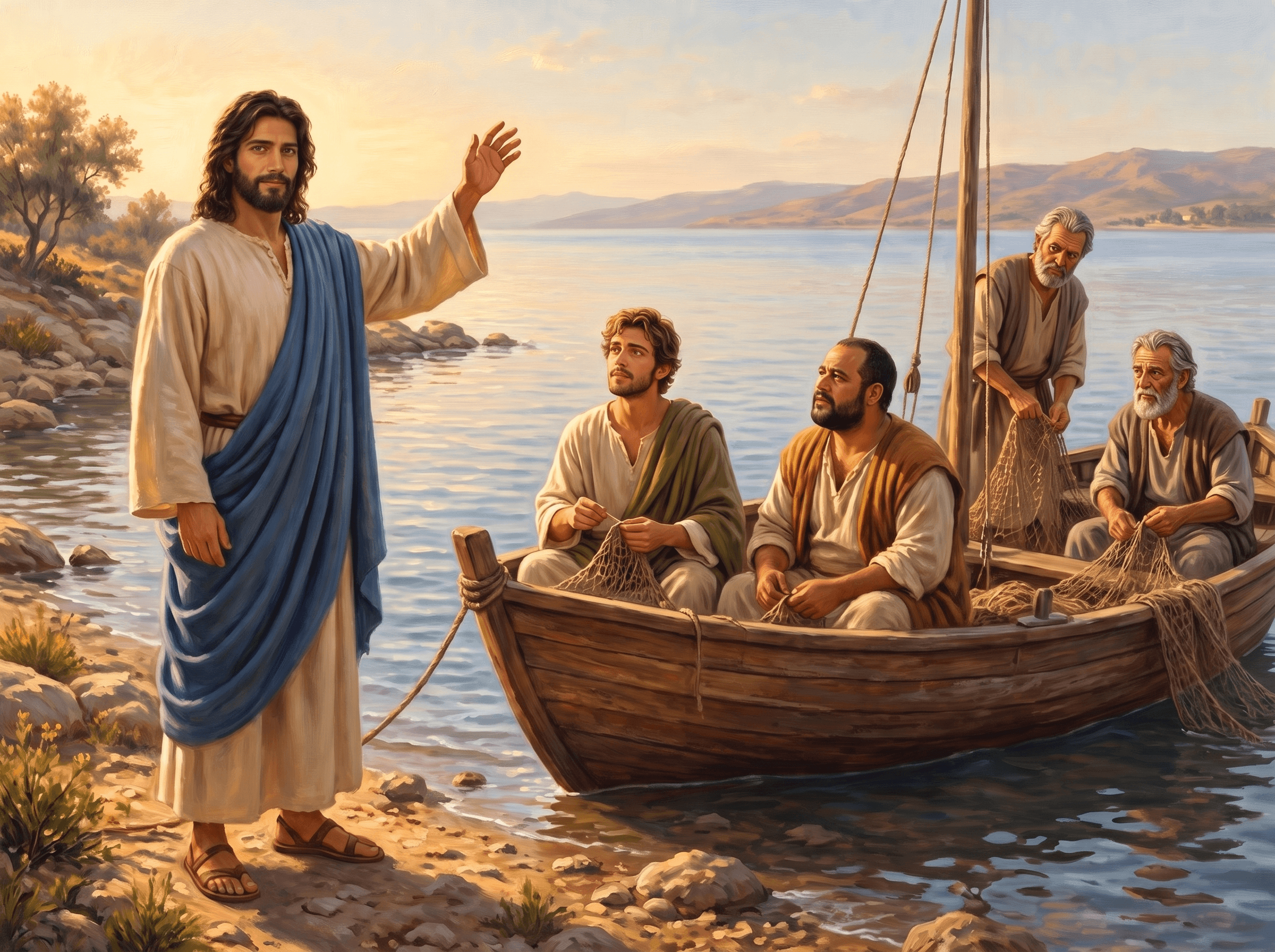 A painting of Jesus on the shore calling James and John as they sit in their boat mending their nets, with older men in the boat behind them