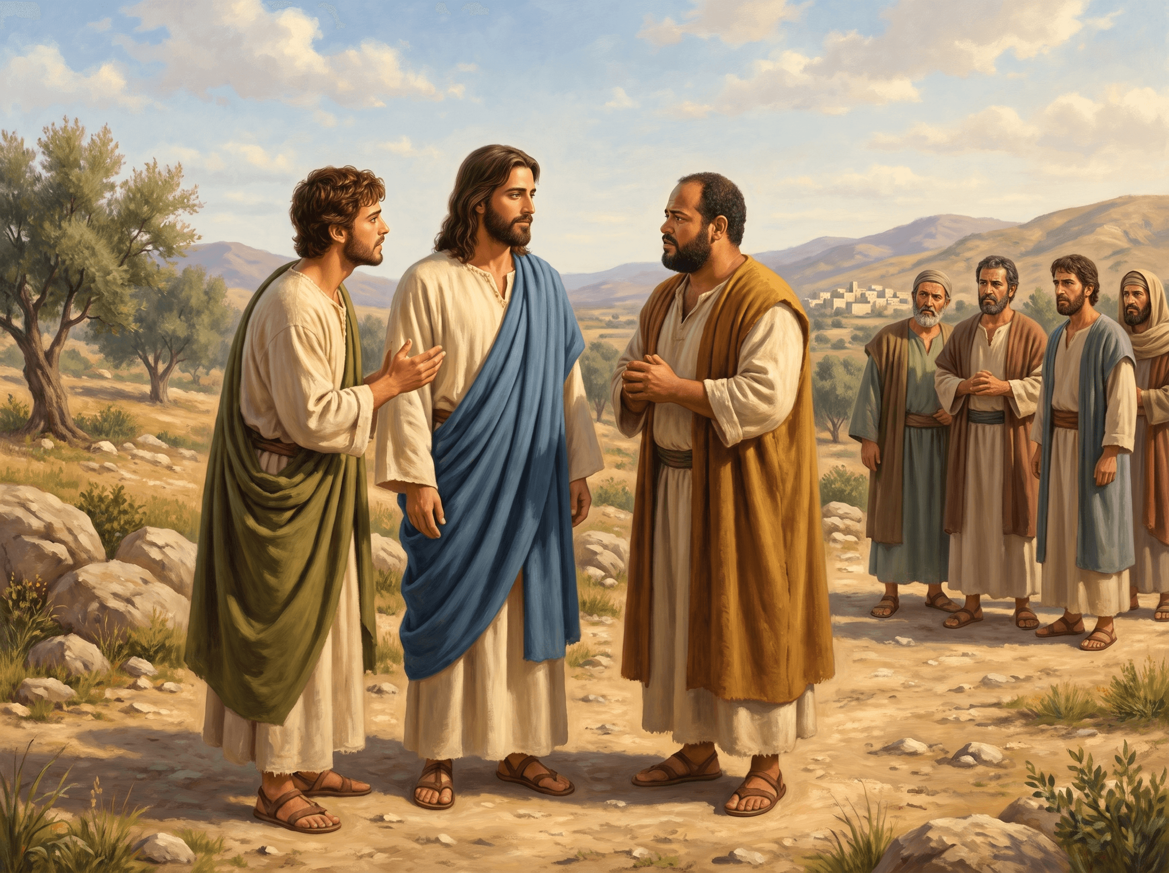 A painting of John and his brother James speaking with Jesus, as the other disciples stand a little way off