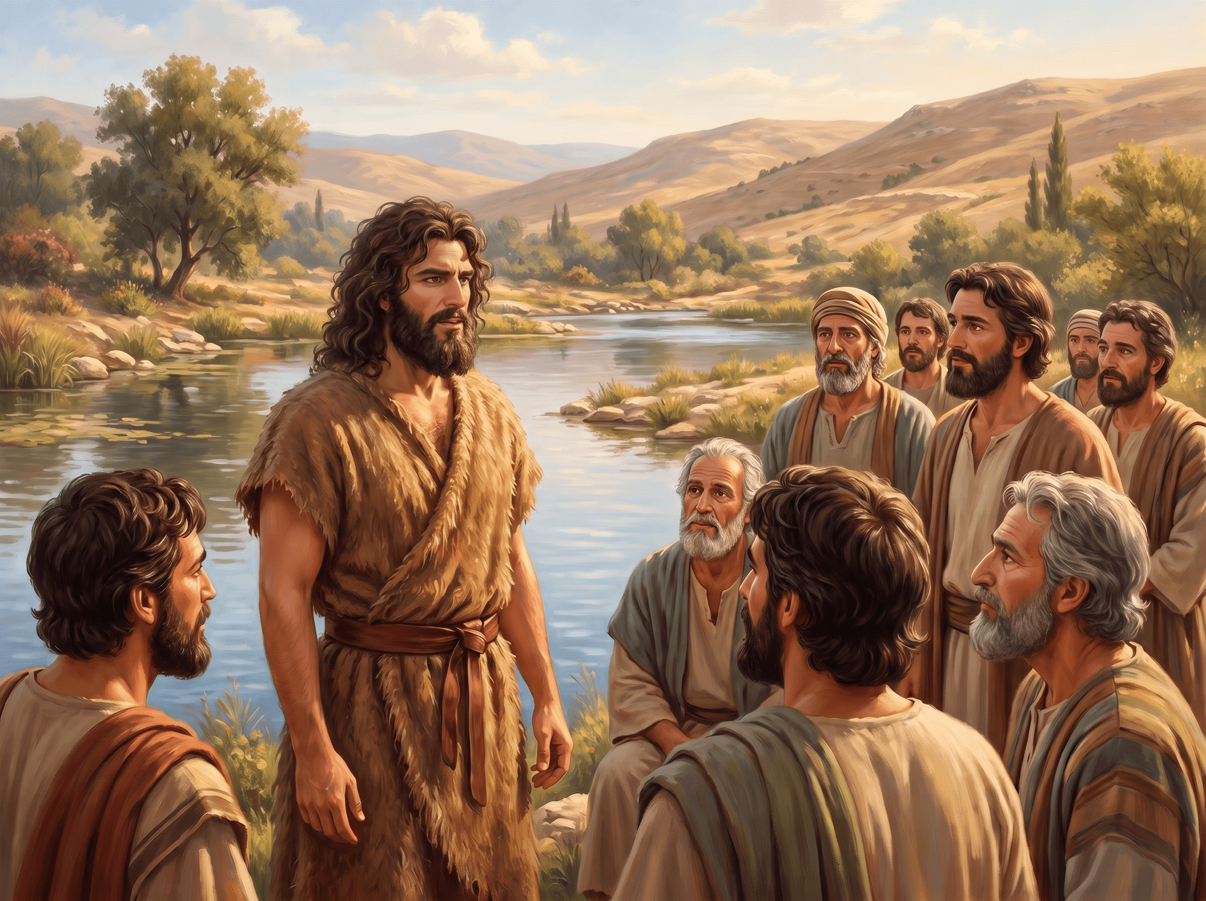 A painting of John the Baptist standing by the water at Aenon, answering his disciples who have come to tell him that all are going to Jesus