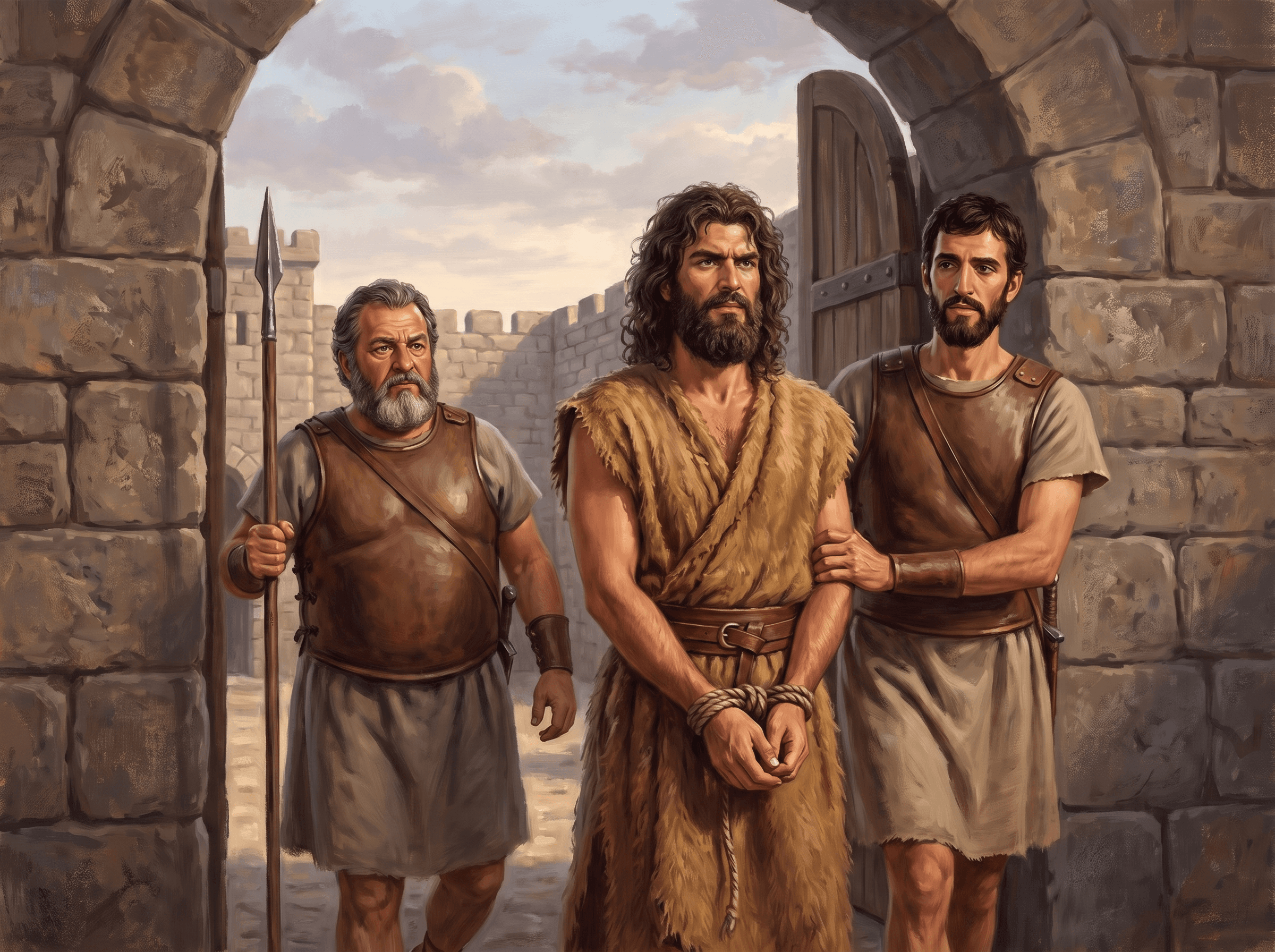 A painting of John the Baptist being led away with his hands bound, as Herod's men take him to prison