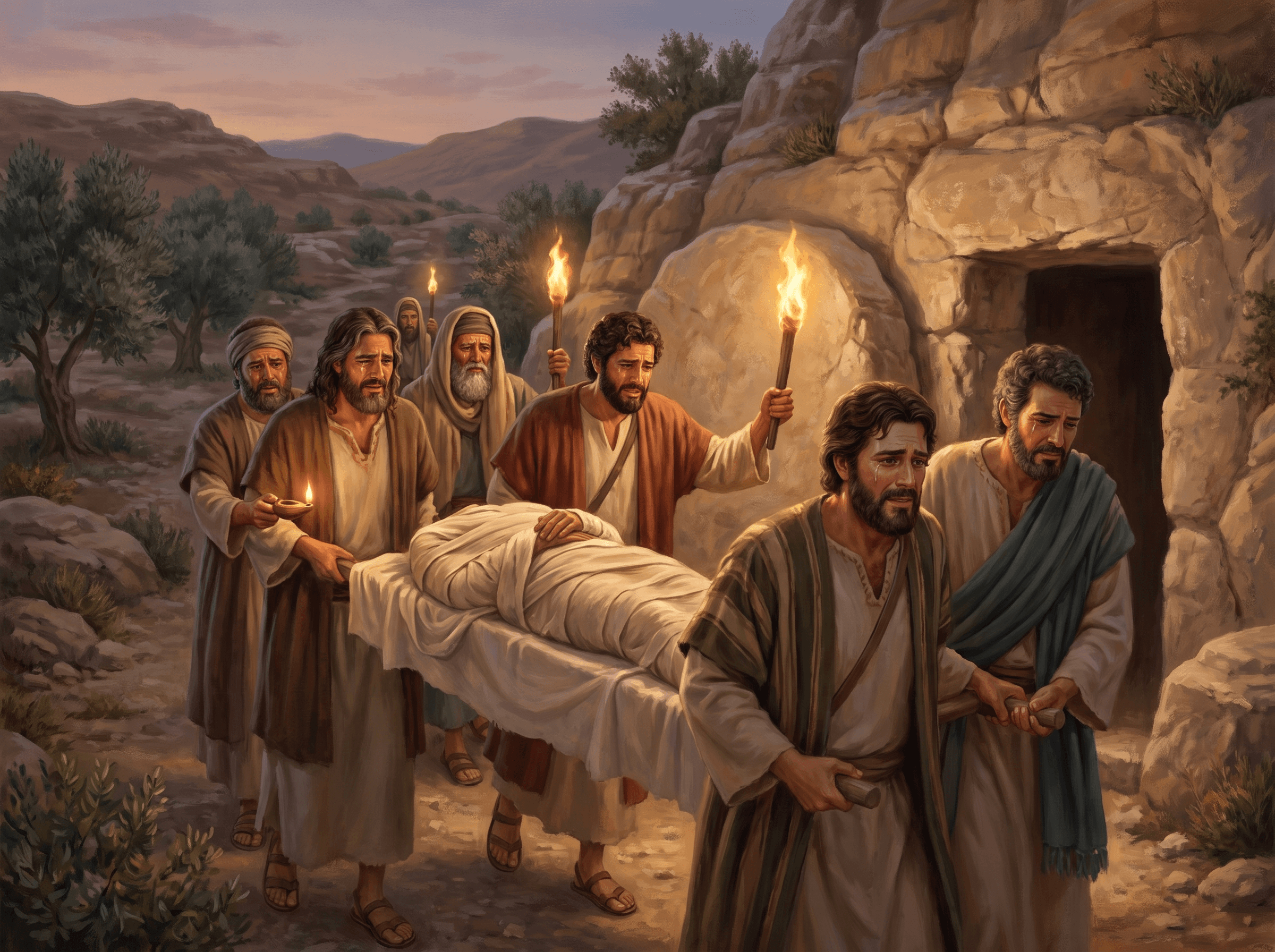 A painting of John's grieving disciples carrying his body, wrapped for burial, to a tomb cut in the rock by torchlight