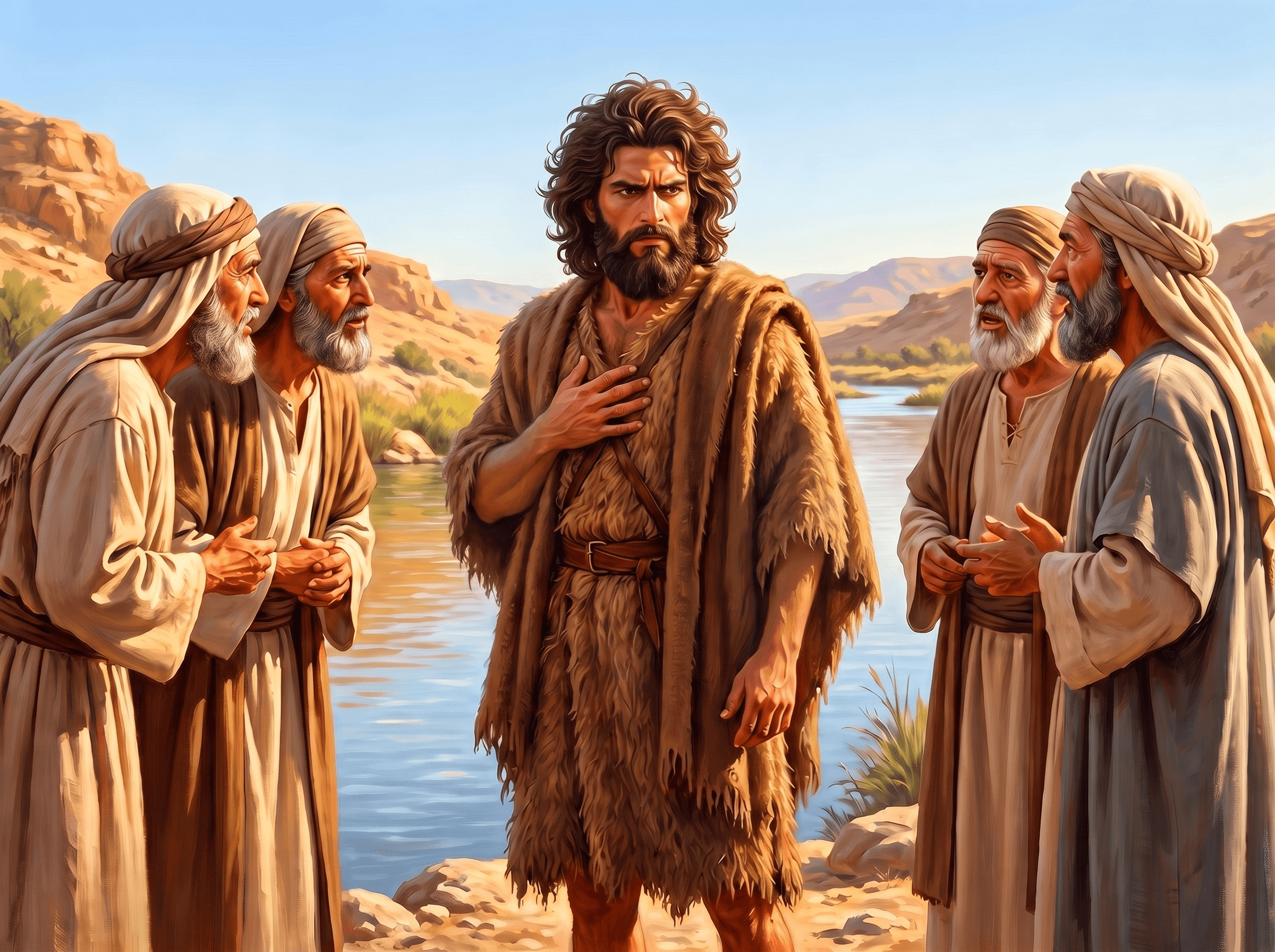 A painting of John the Baptist in his rough clothing of camel's hair, his hand on his chest, answering the priests and Levites who have come to question him beside the Jordan