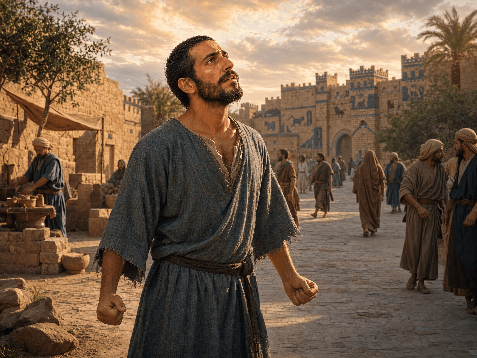 A painting of Jonah standing in a street of Nineveh with clenched fists, looking up toward the sky in anger