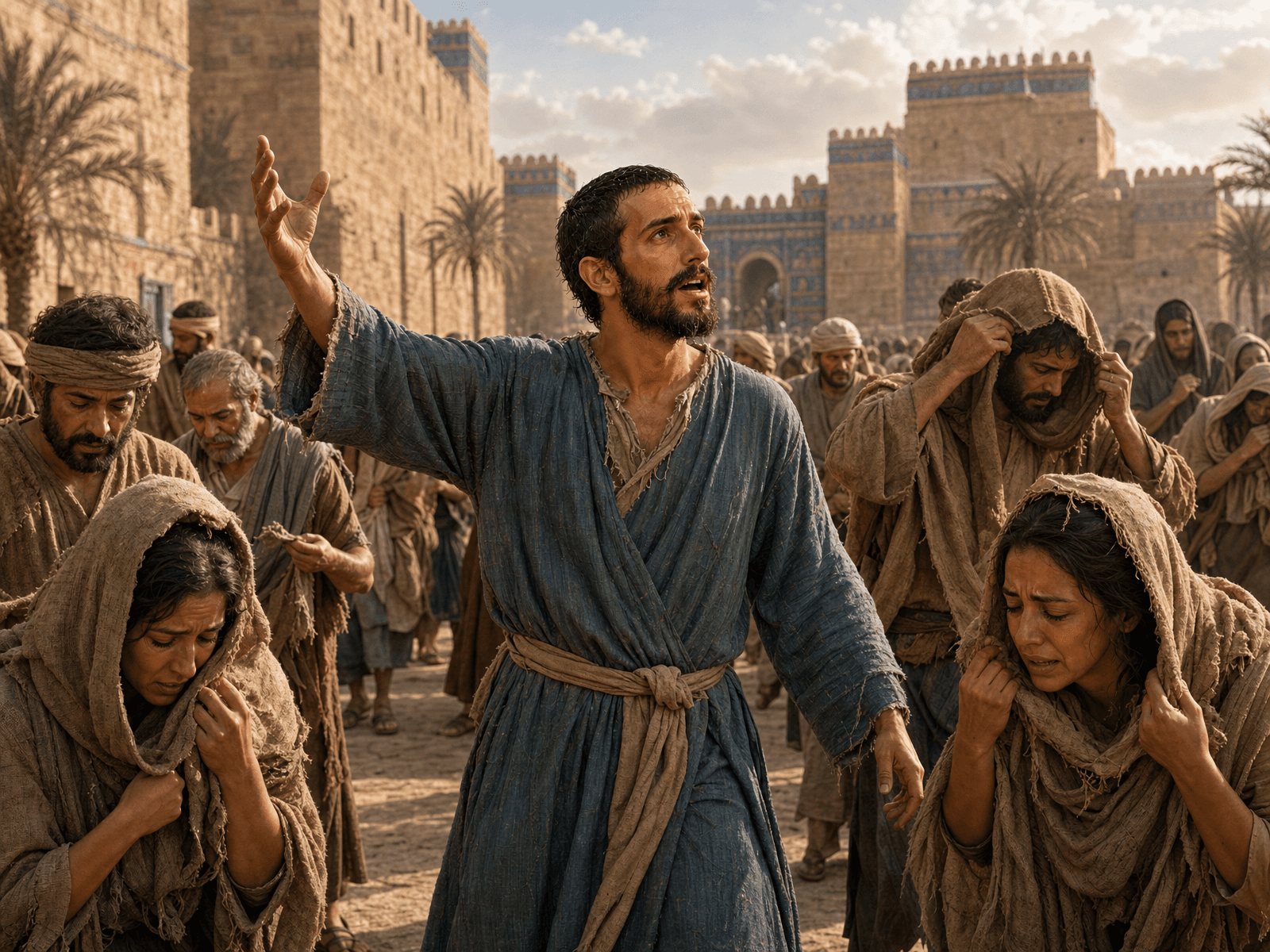 A painting of Jonah crying out in the streets of Nineveh as people dressed in sackcloth bow their heads and grieve