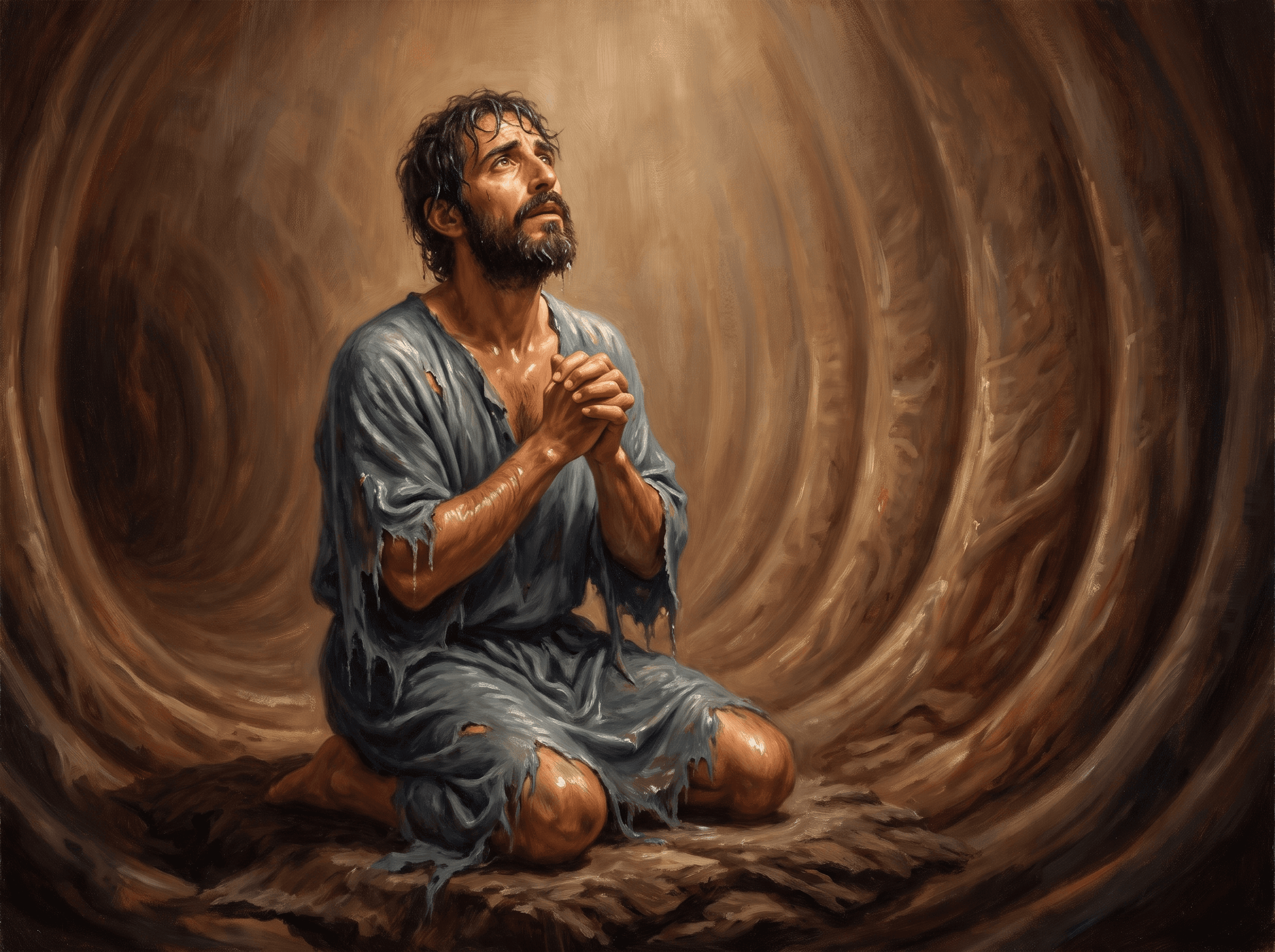 A painting of Jonah kneeling and praying inside the great fish