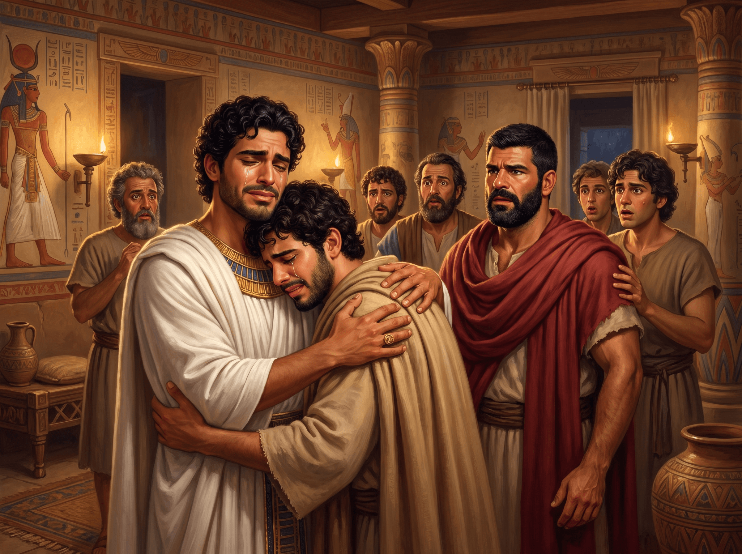 A painting of Joseph weeping as he holds his brother Benjamin, who weeps too, while the other brothers look on in shock