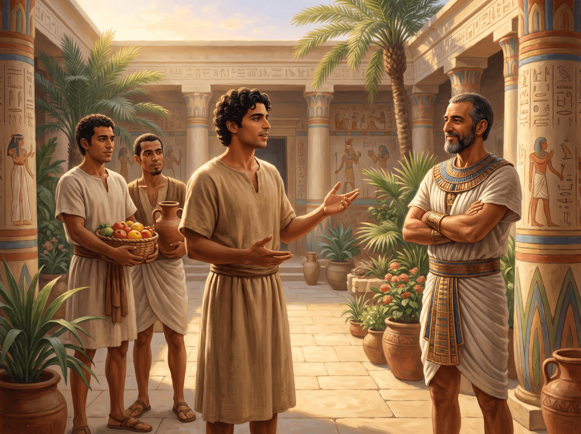 A painting of Joseph speaking with Potiphar in the courtyard of his Egyptian house, as two servants carry fruit and a jar
