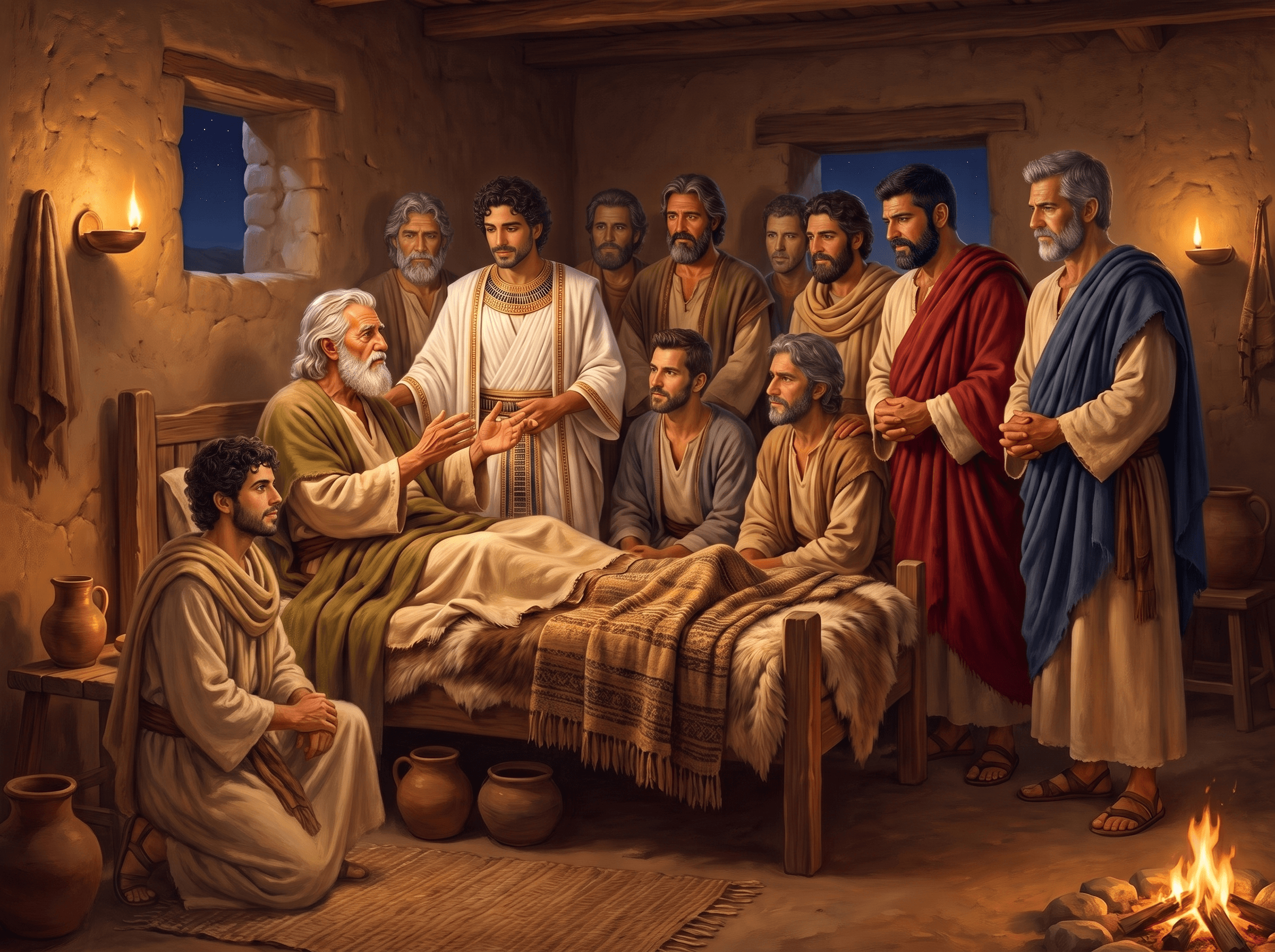 A painting of the aged Jacob in his bed at night, blessing his sons as they gather around him, with Joseph in Egyptian white at his side
