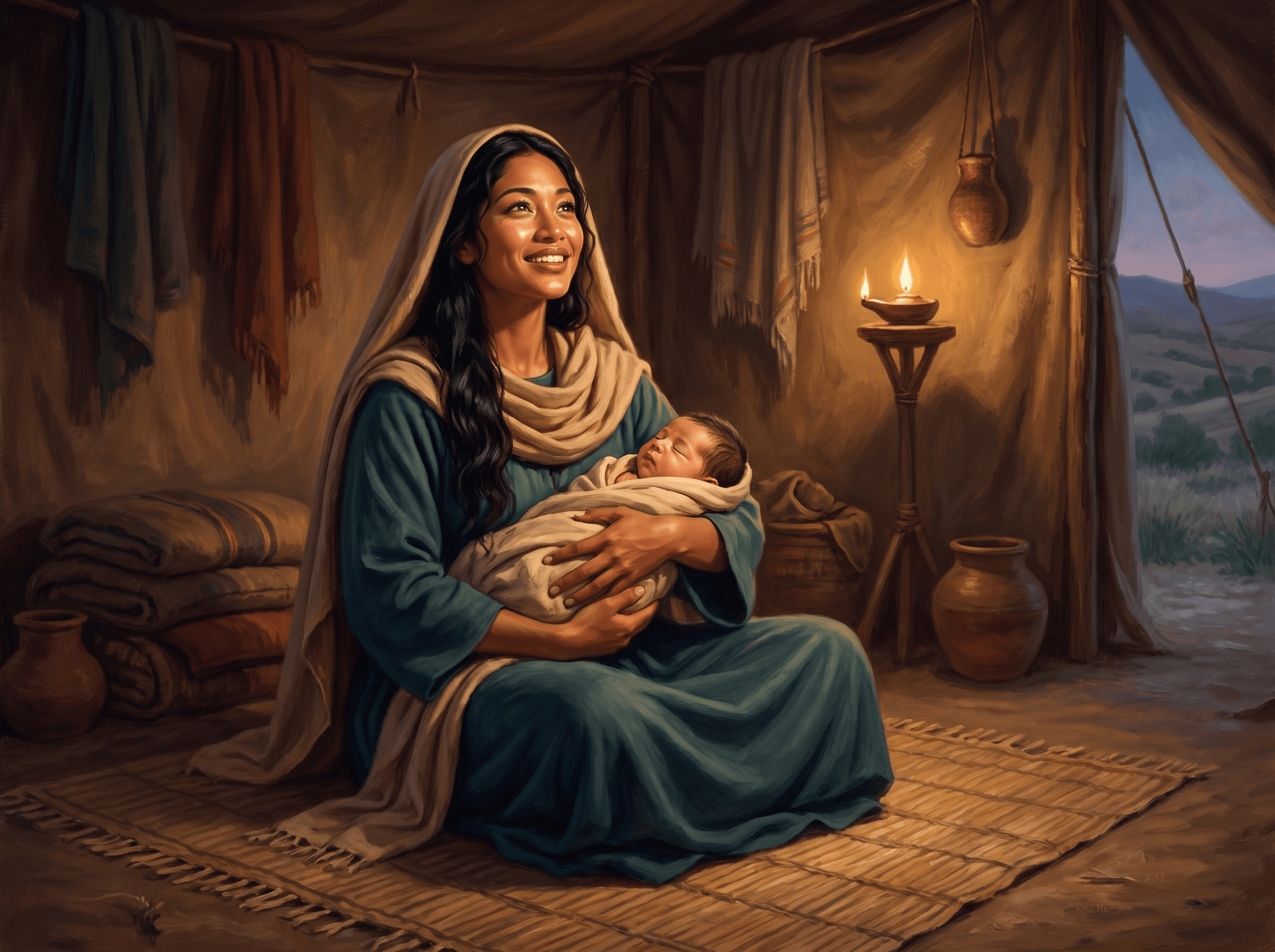 A painting of Rachel smiling as she holds her newborn son Joseph inside a lamp-lit tent