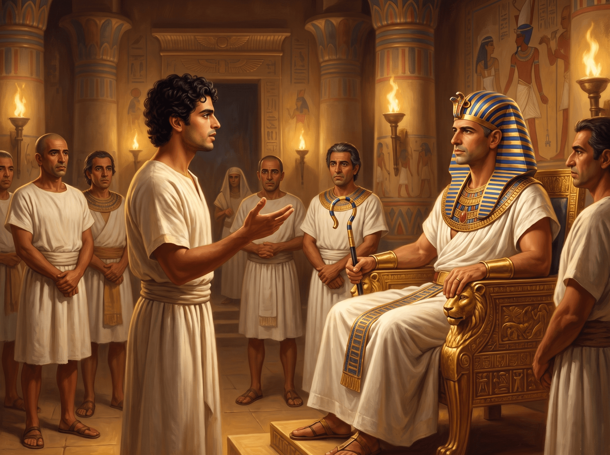 A painting of Joseph standing before Pharaoh on his throne, explaining his dreams, as Pharaoh's officials look on