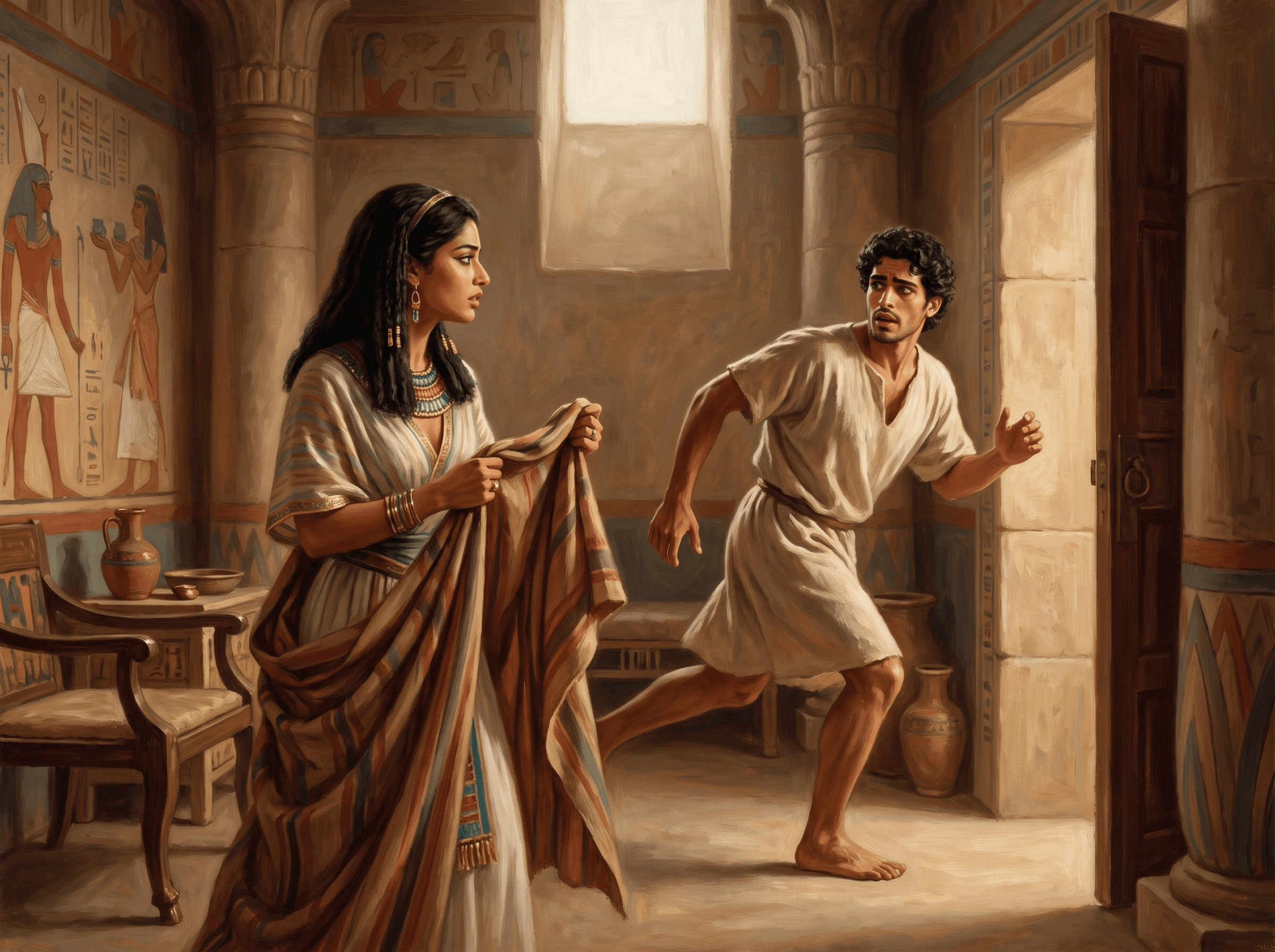 A painting of Joseph running from the room as Potiphar's wife holds his cloak in her hands