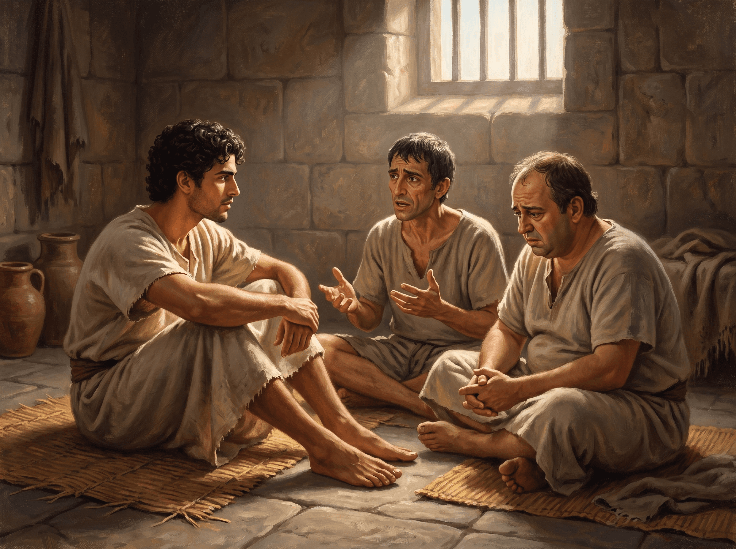 A painting of Joseph sitting on the prison floor, listening as Pharaoh's troubled cupbearer and baker tell him their dreams