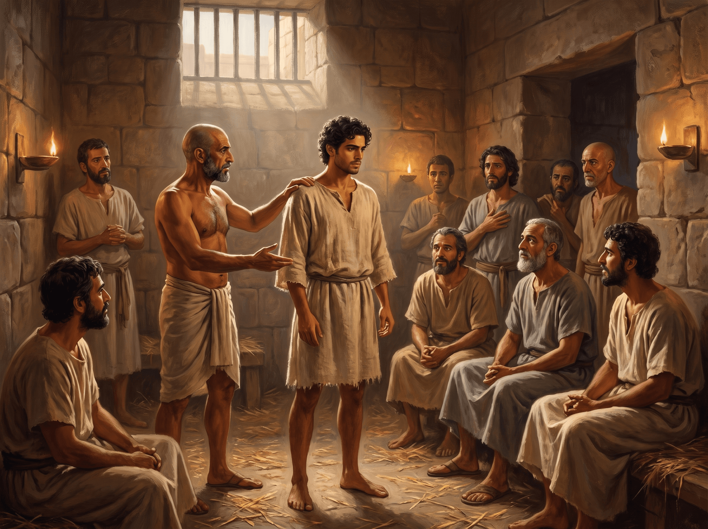 A painting of the keeper of the prison with his hand on Joseph's shoulder, as the other prisoners look on