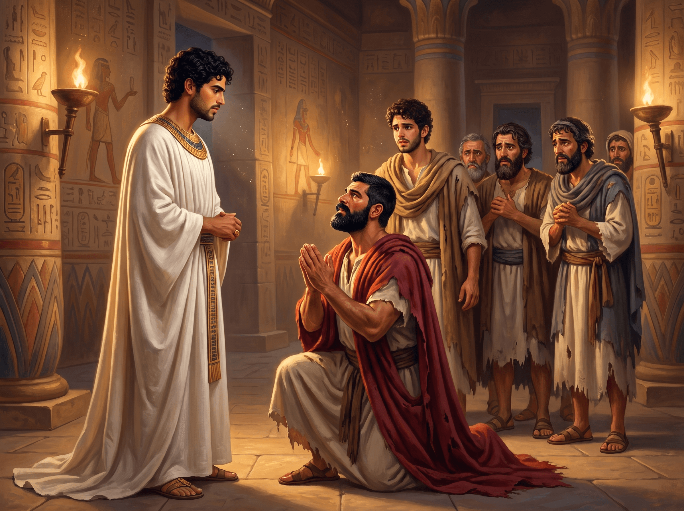 A painting of Judah kneeling before Joseph and pleading for his youngest brother Benjamin, as the other brothers stand behind him in their torn clothes