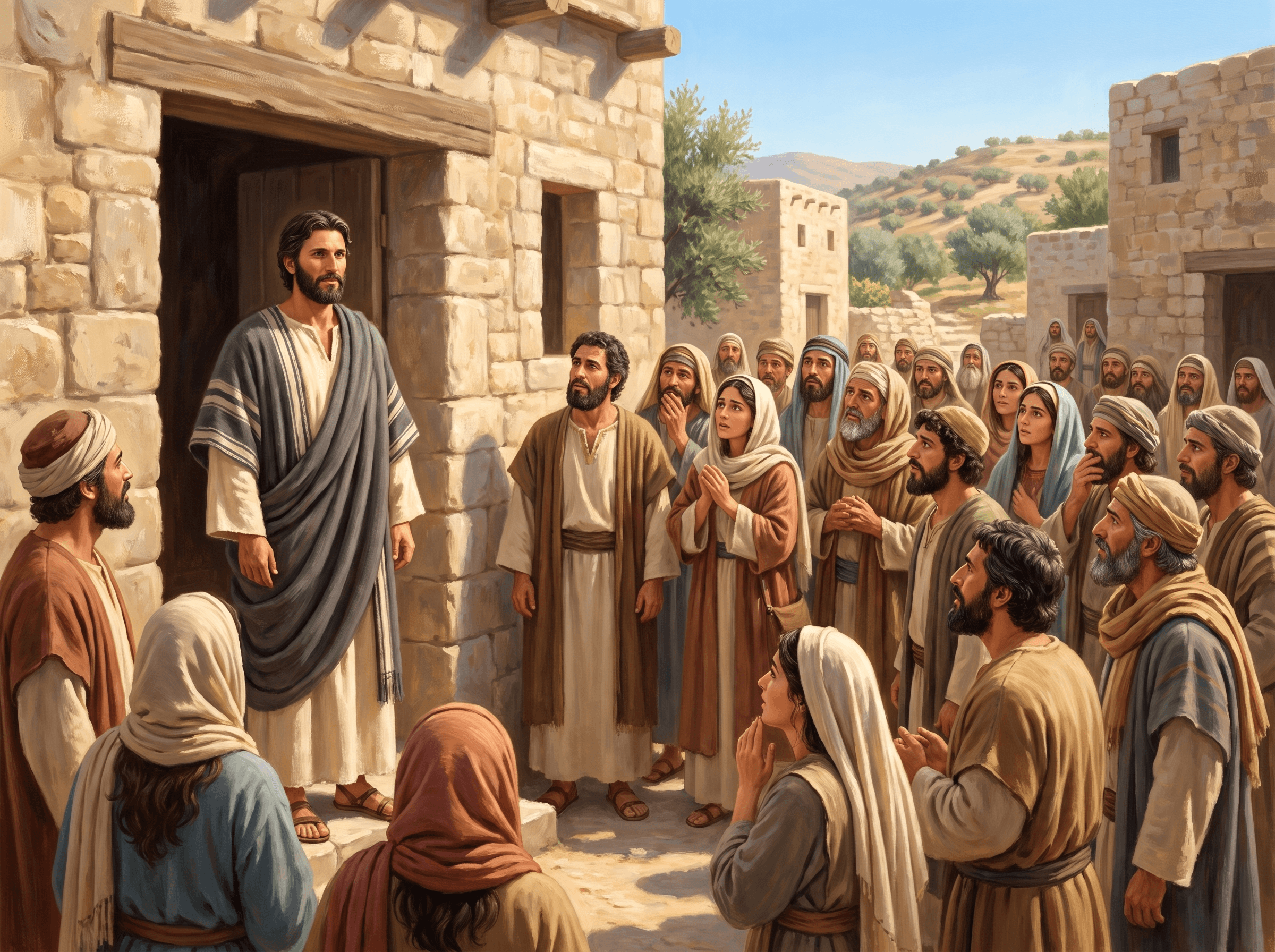 A painting of Lazarus standing at a doorway in Bethany as a great crowd gathers to see him
