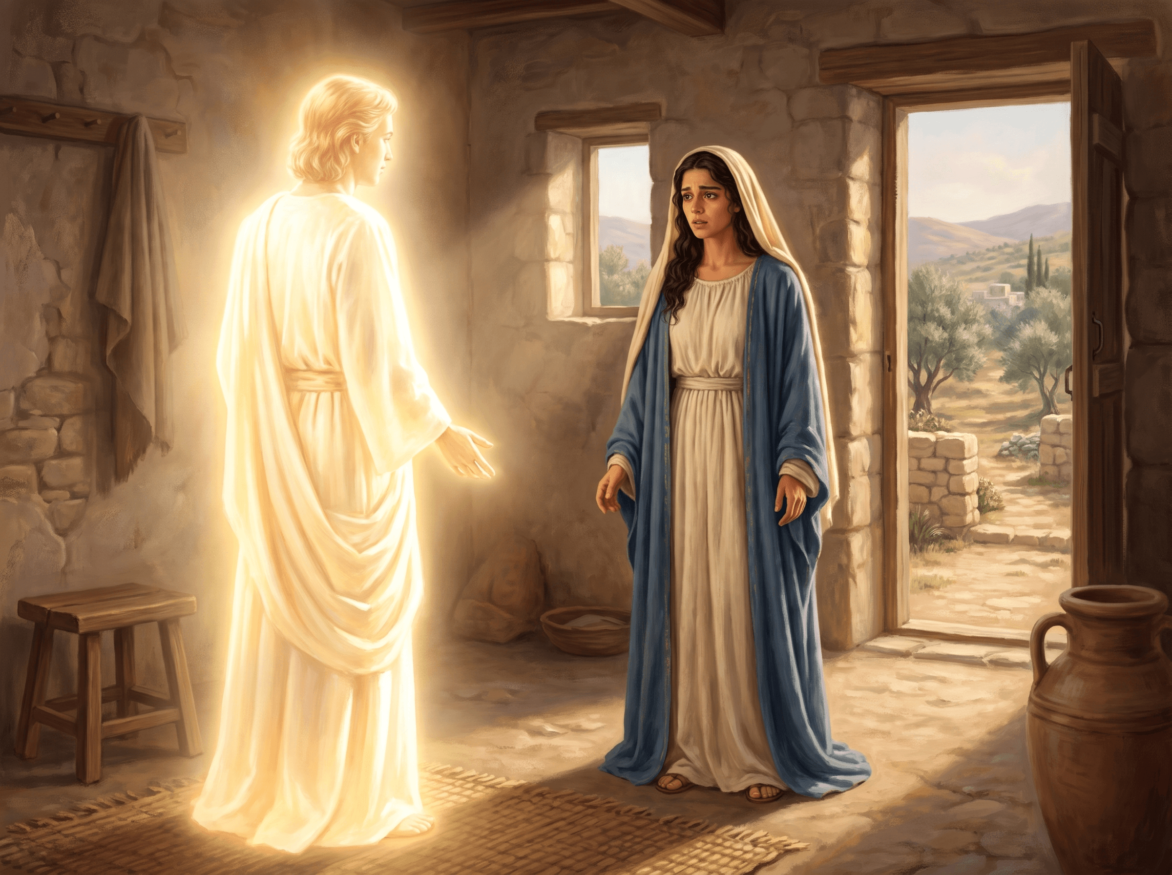 A painting of the angel Gabriel, shining with light, appearing to Mary in her home in Nazareth