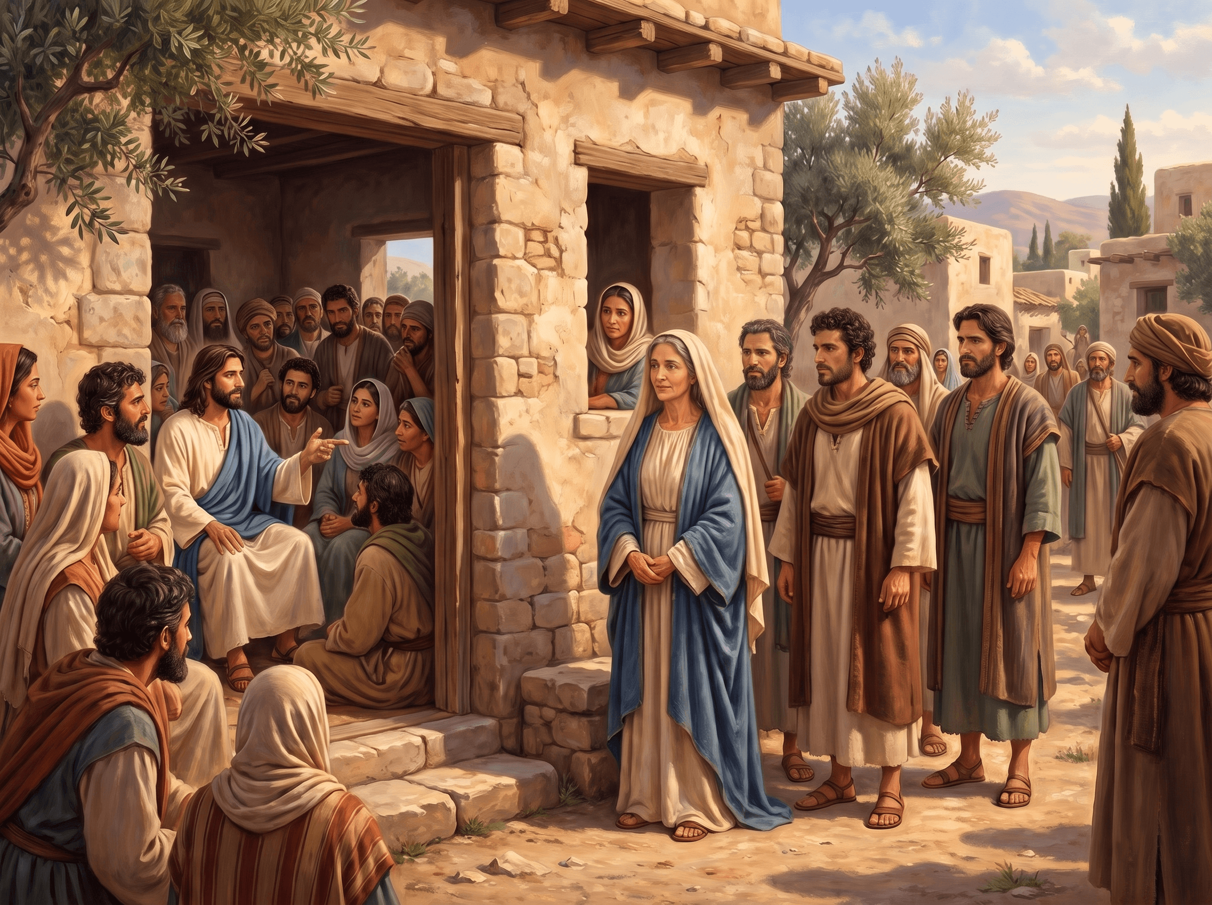 A painting of Jesus teaching a crowd inside a house as his mother and brothers stand outside, waiting to speak to him