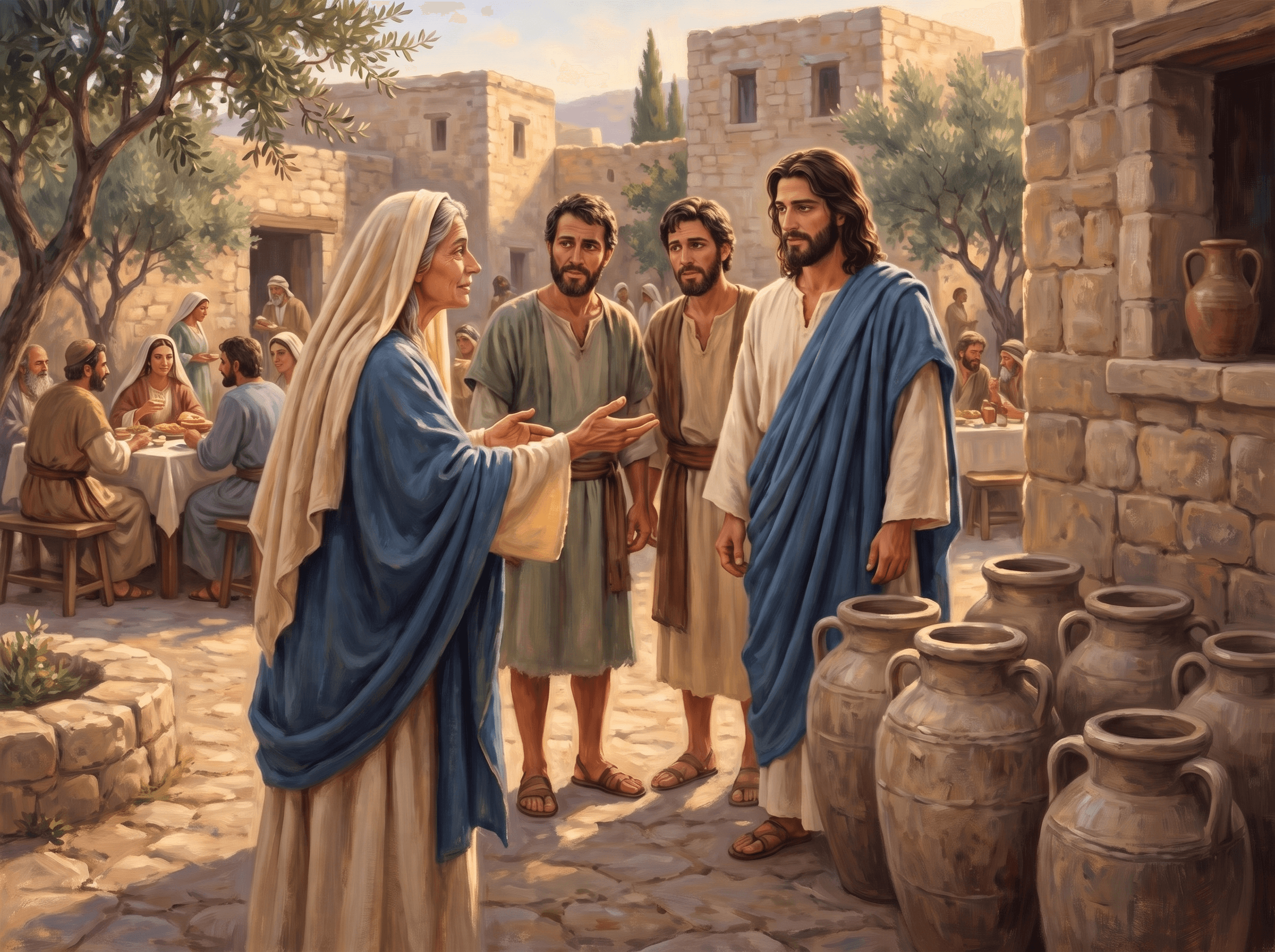 A painting of Mary speaking to the servants at the wedding in Cana as Jesus stands beside the stone water jars