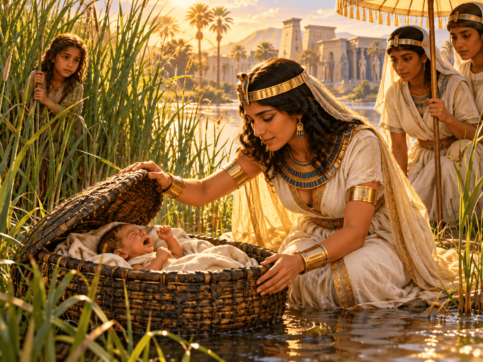 A painting of Pharaoh's daughter finding the baby Moses in a basket by the Nile