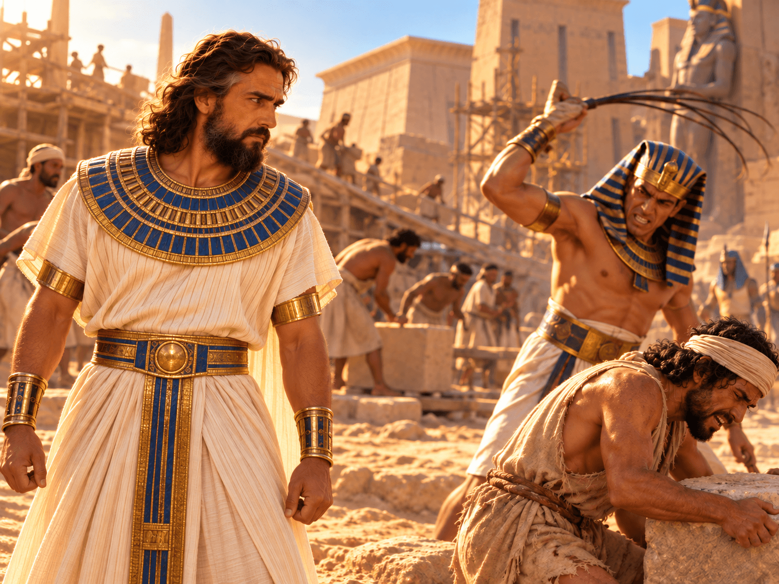 A painting of Moses seeing an Egyptian beat a Hebrew slave