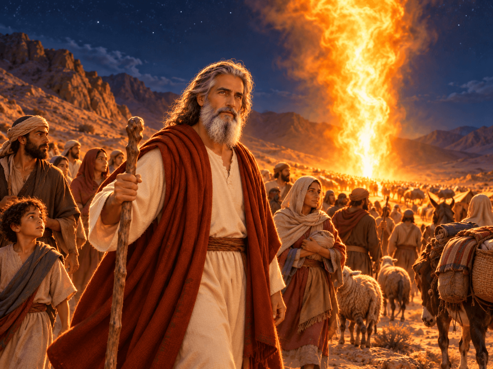 A painting of the pillar of fire leading Israel by night