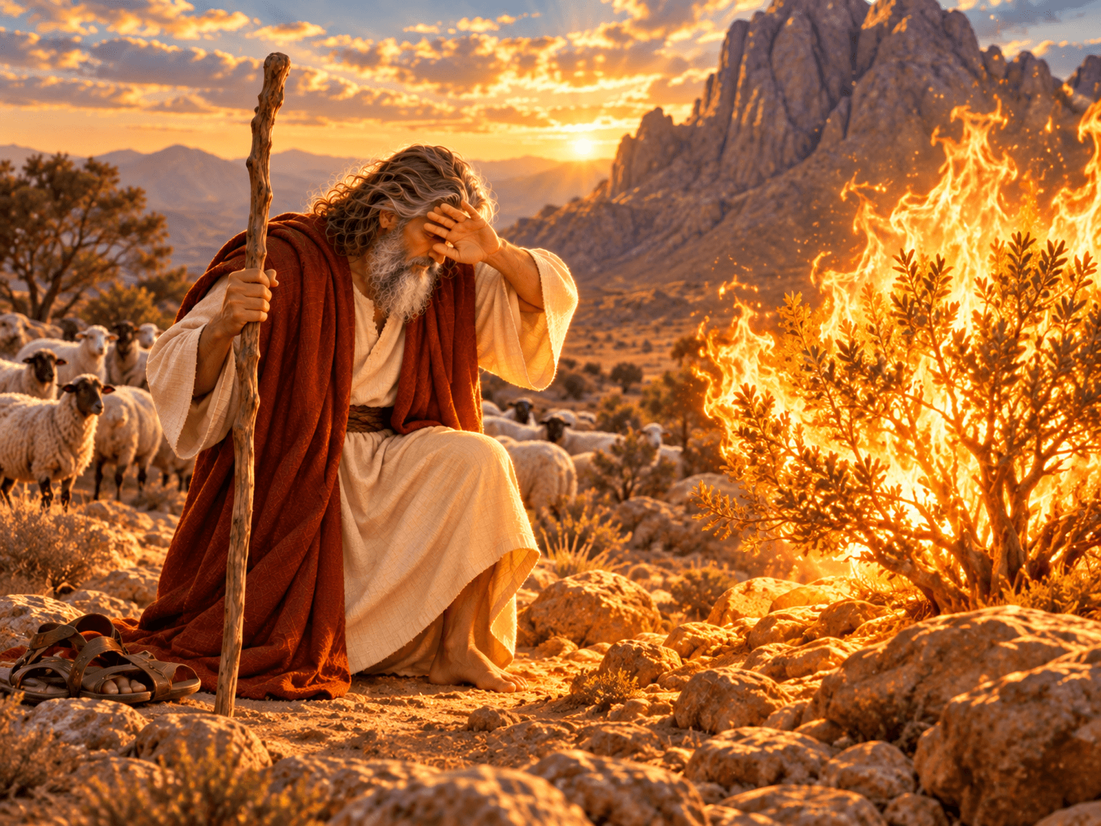 A painting of Moses before the burning bush