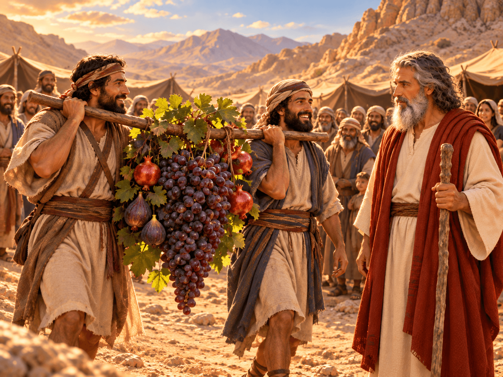 A painting of the spies returning with a huge cluster of grapes