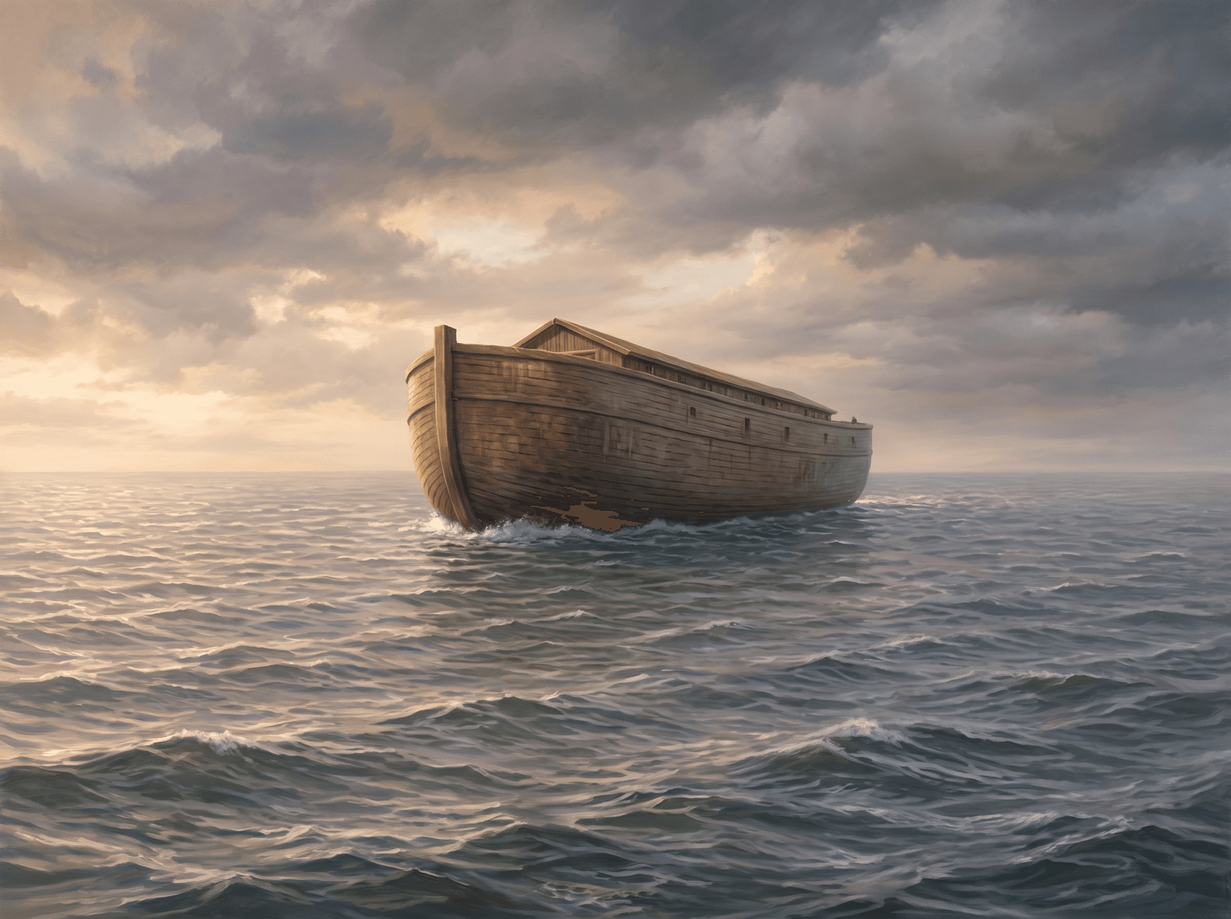 A painting of the ark floating alone on the wide waters under a cloudy sky that is beginning to clear